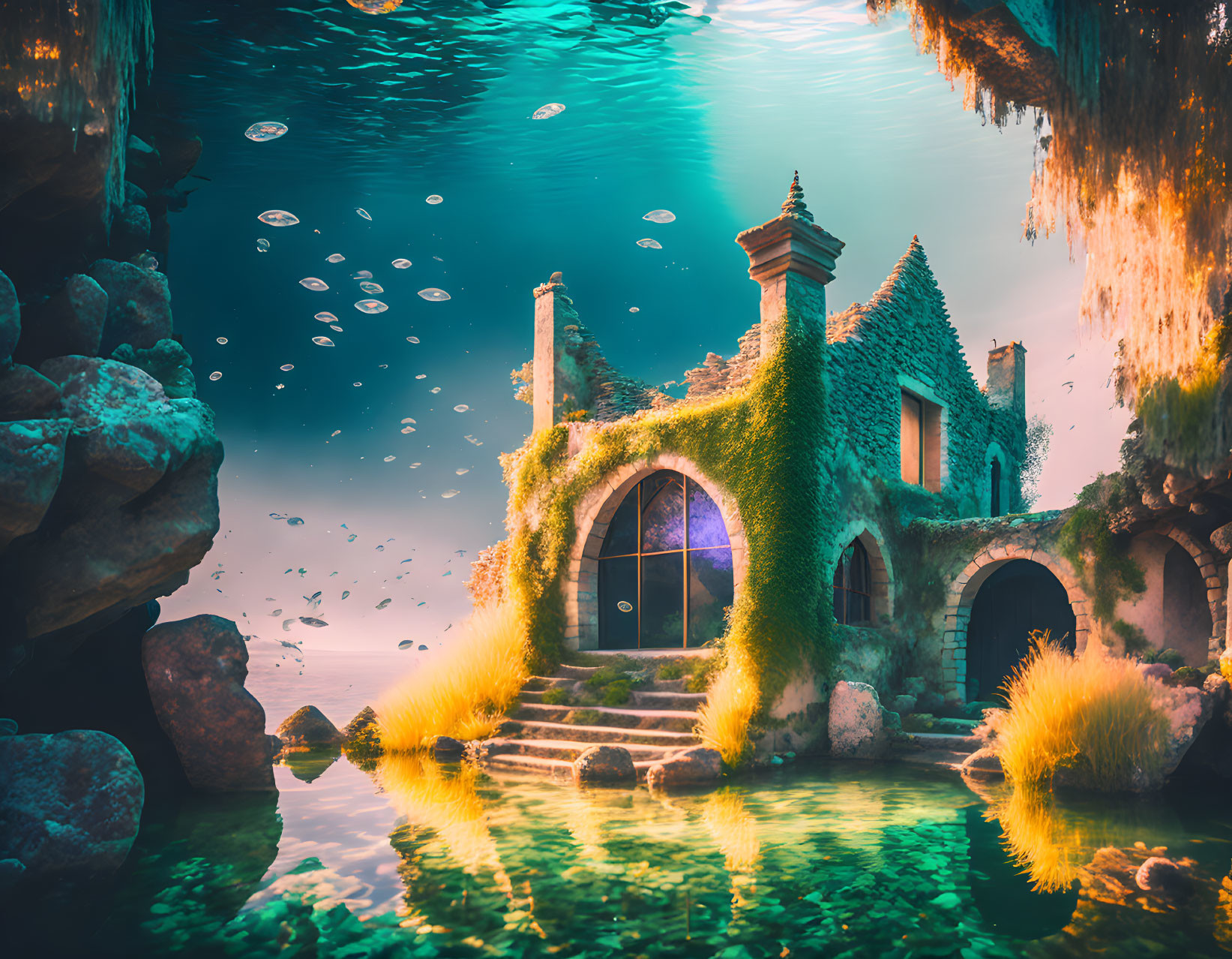 Underwater fantasy scene with overgrown stone structure surrounded by vibrant aquatic life