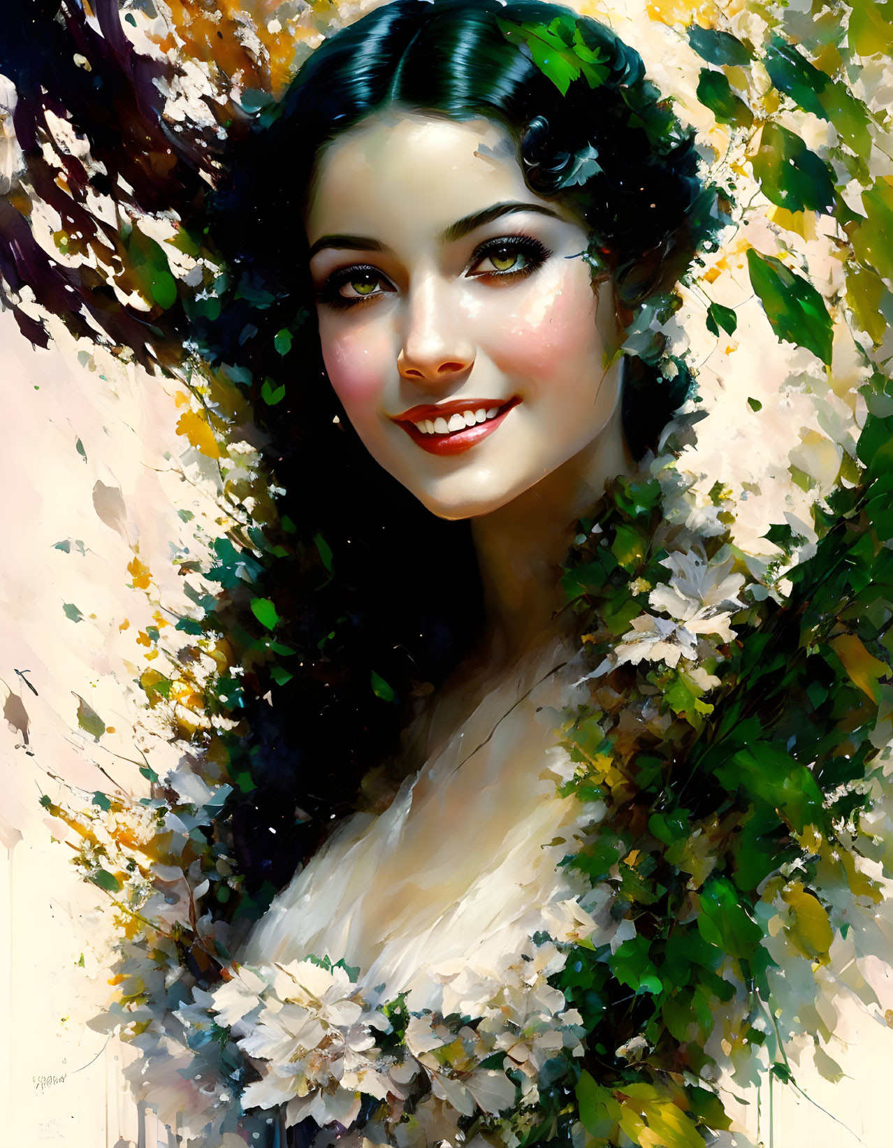 Smiling woman portrait with dark hair and white flowers in vibrant painterly style