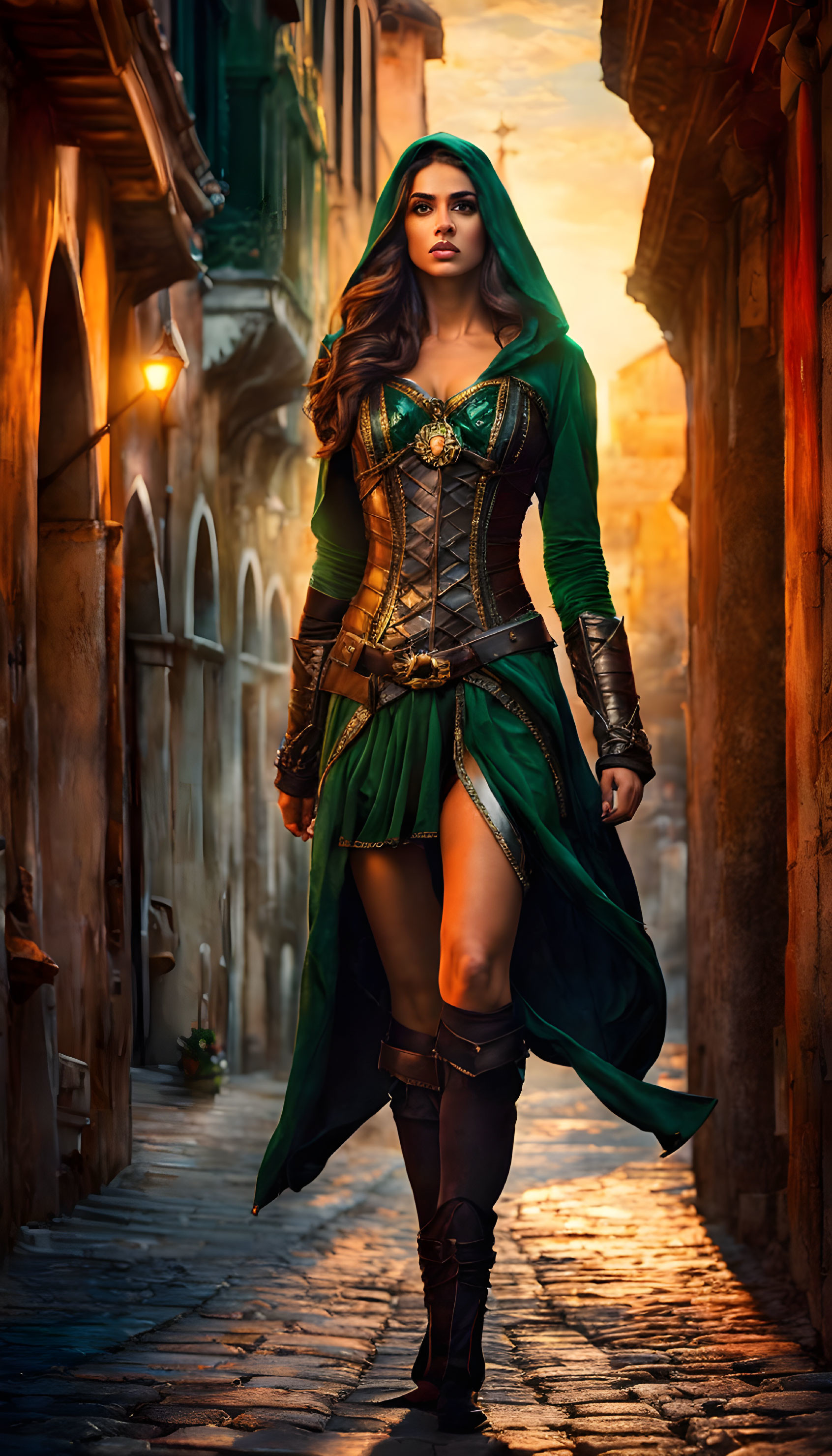 Woman in Green Medieval Fantasy Costume Walking Down Sunlit Alleyway