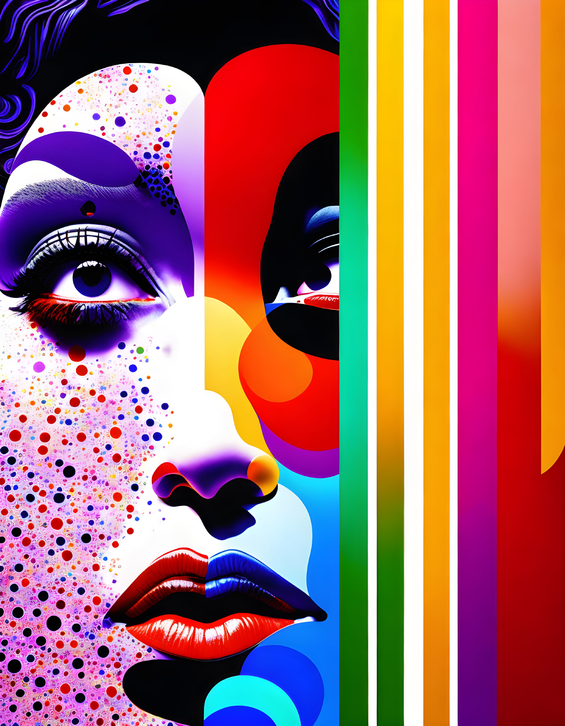 Colorful abstract portrait of a woman with rainbow stripe design