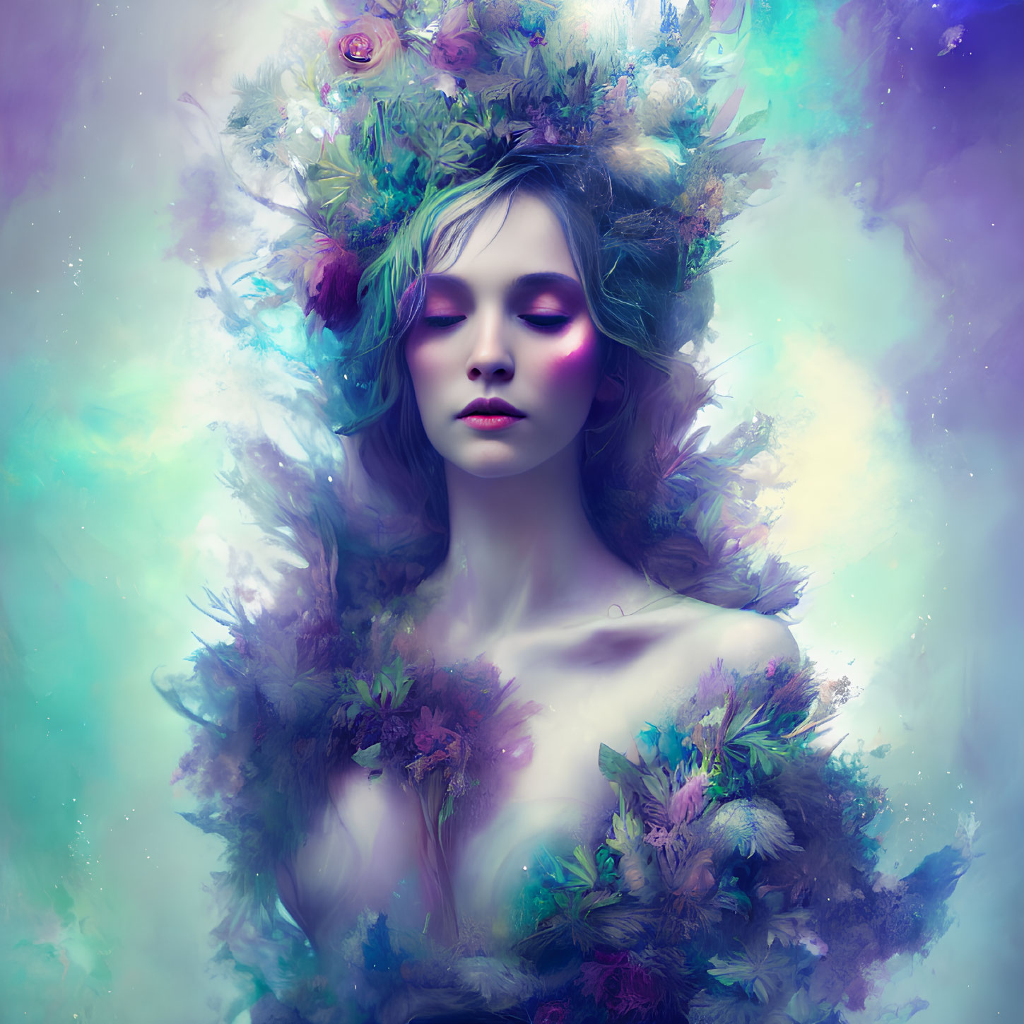 Surreal portrait of woman with floral adornments on purple and teal background