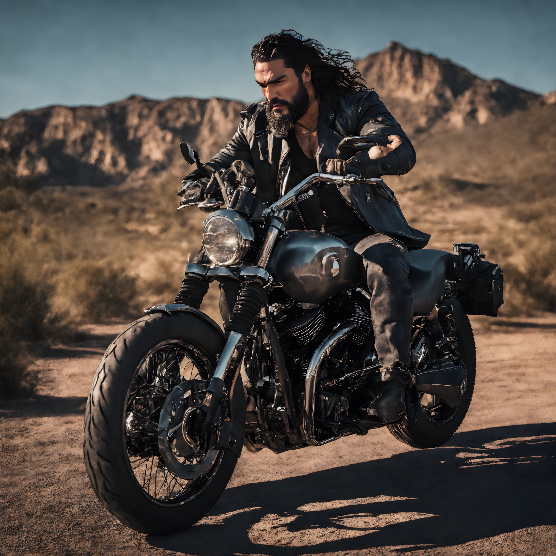 Bearded man on motorcycle in desert with mountains and clear sky