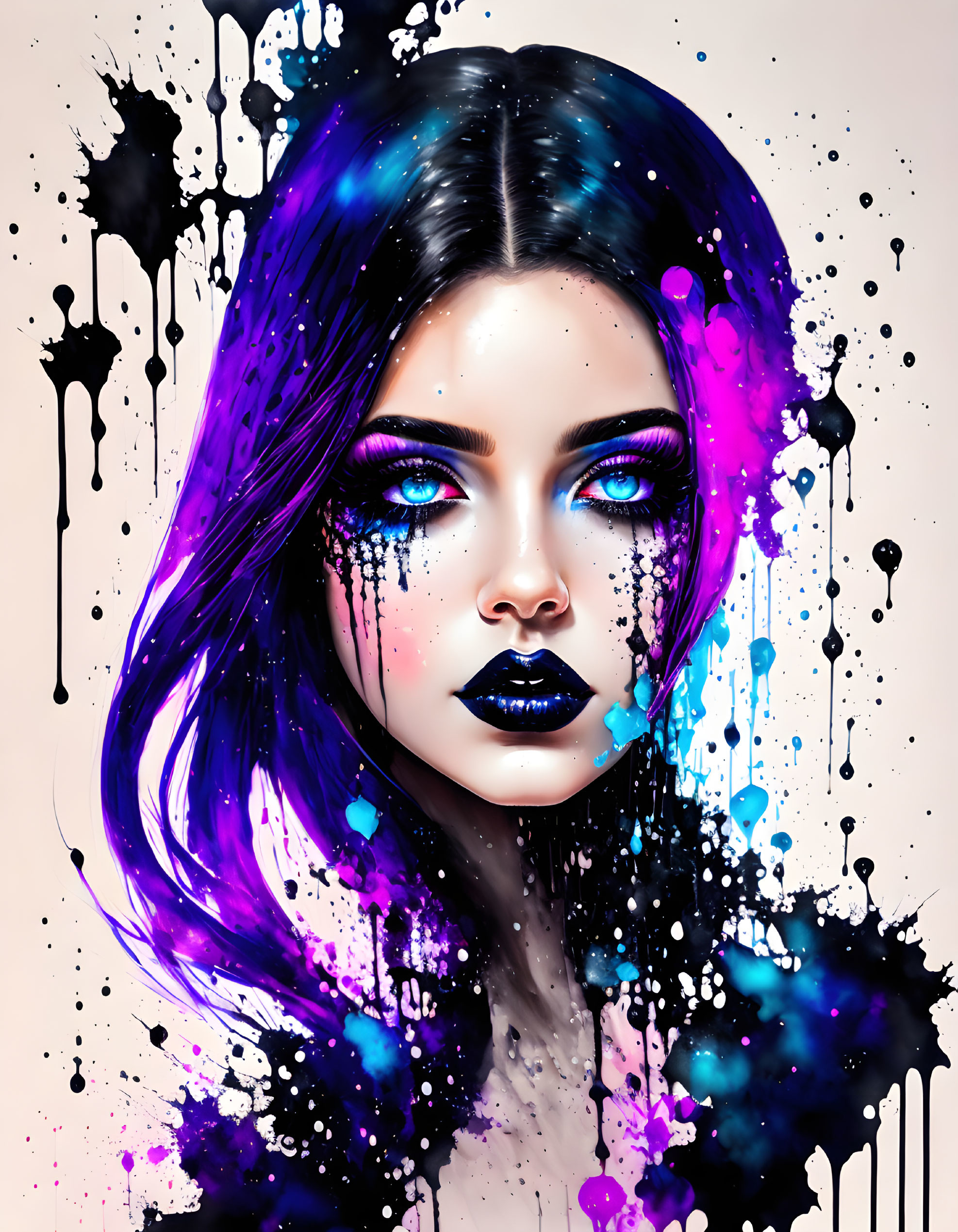 Vibrant digital artwork of woman with blue and purple hair and intense blue eyes.