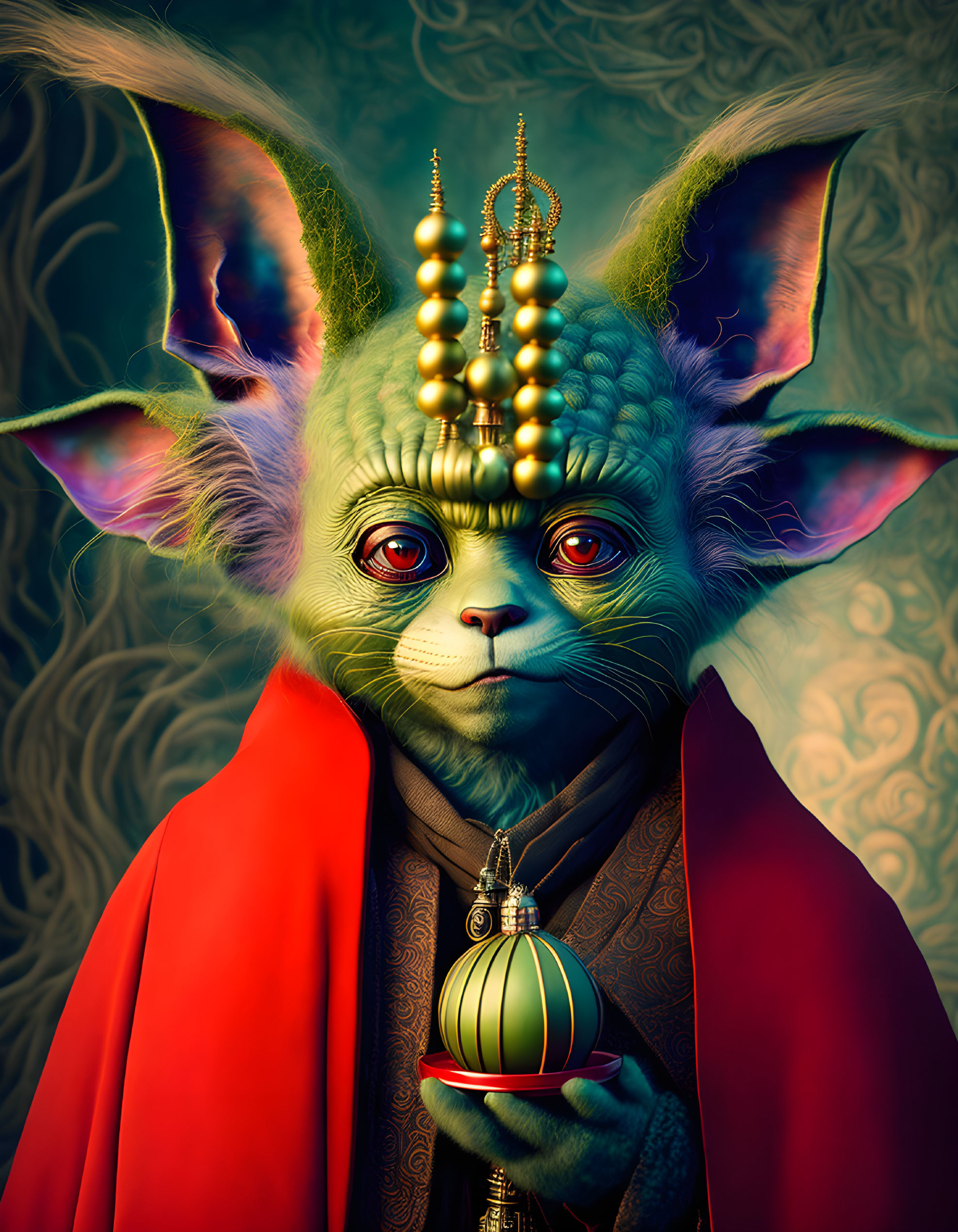 Colorful anthropomorphic feline creature in regal attire with large ears and ornate bauble