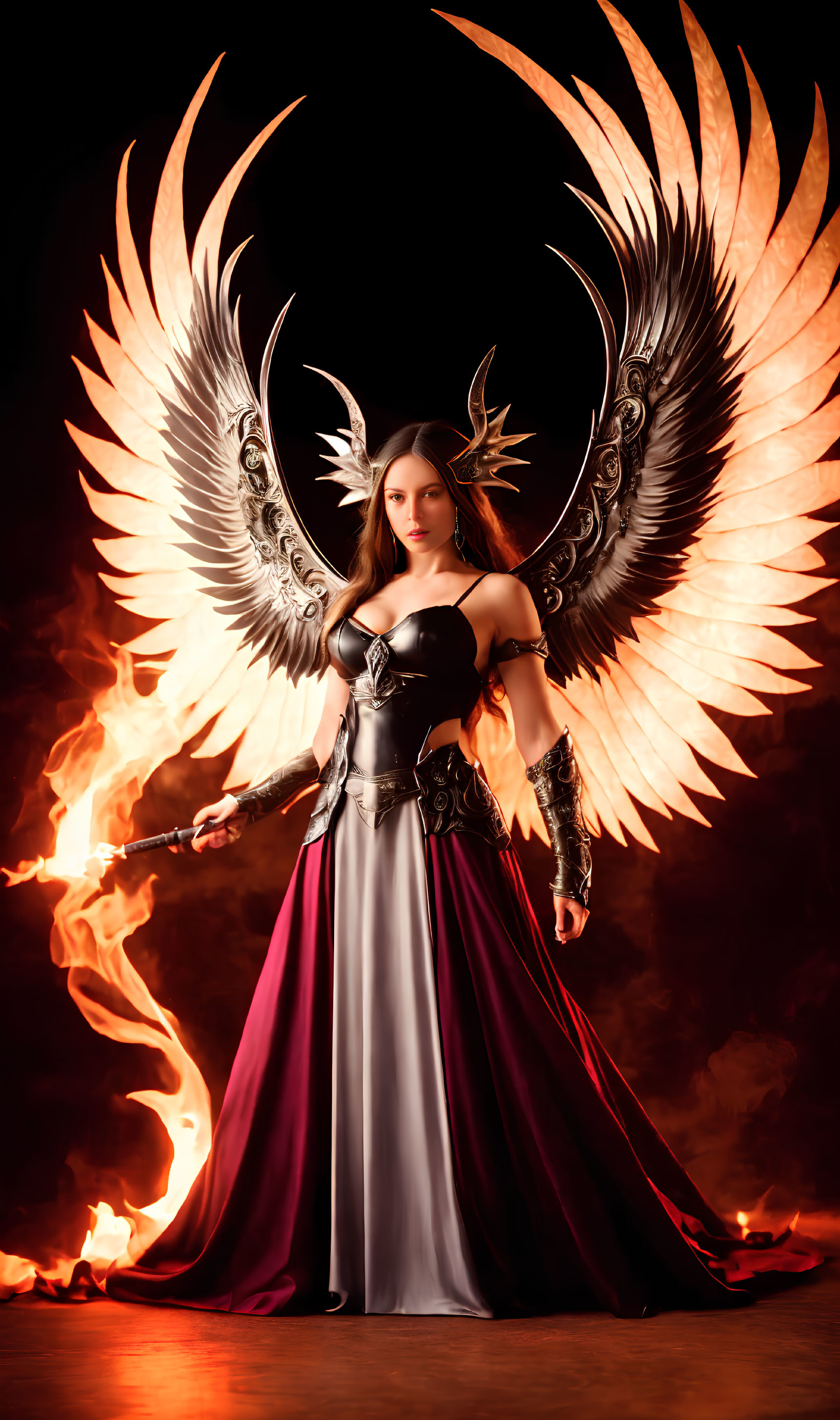 Fantasy character with fiery wings and sword in dark background.