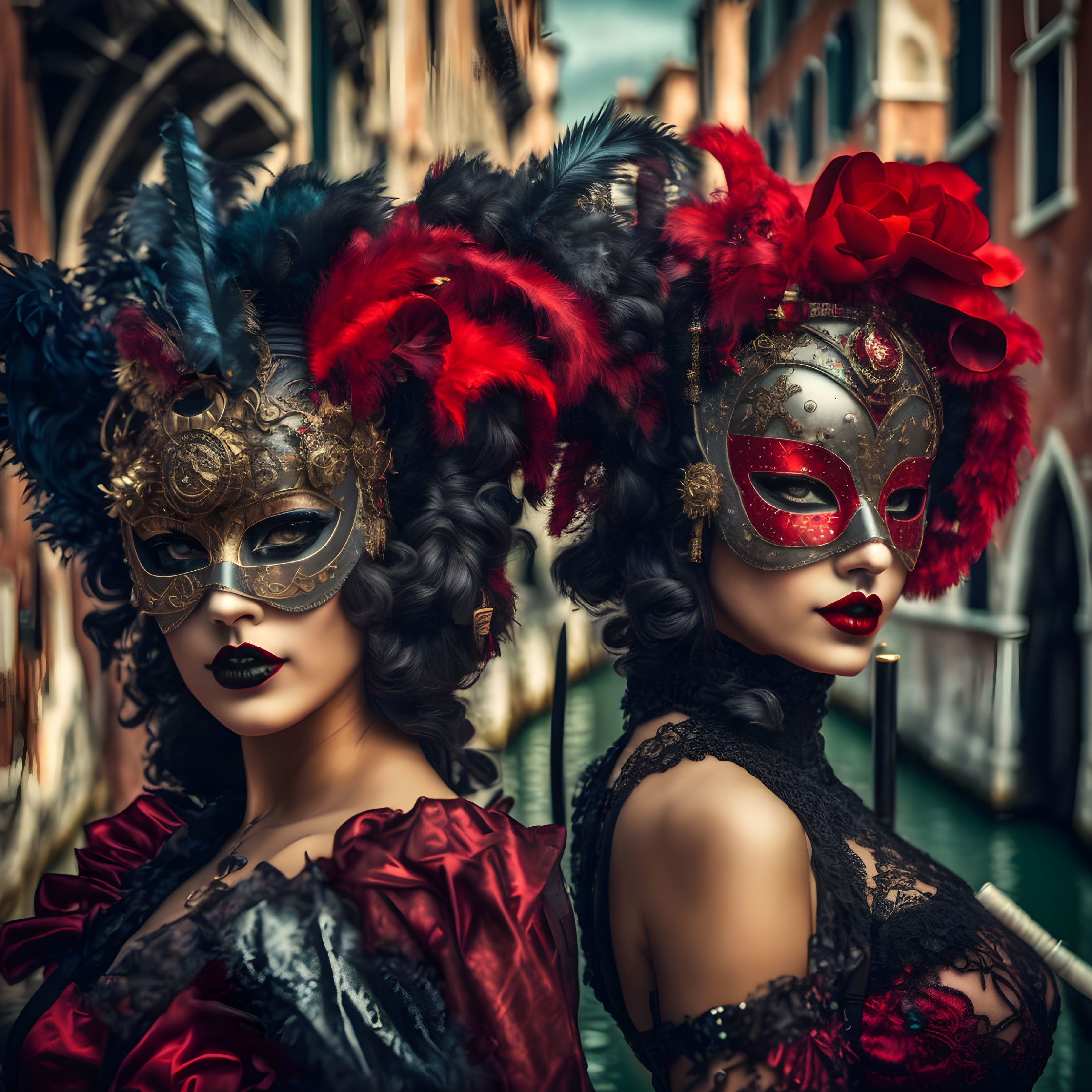 Elaborate Venetian masks and costumes by a canal