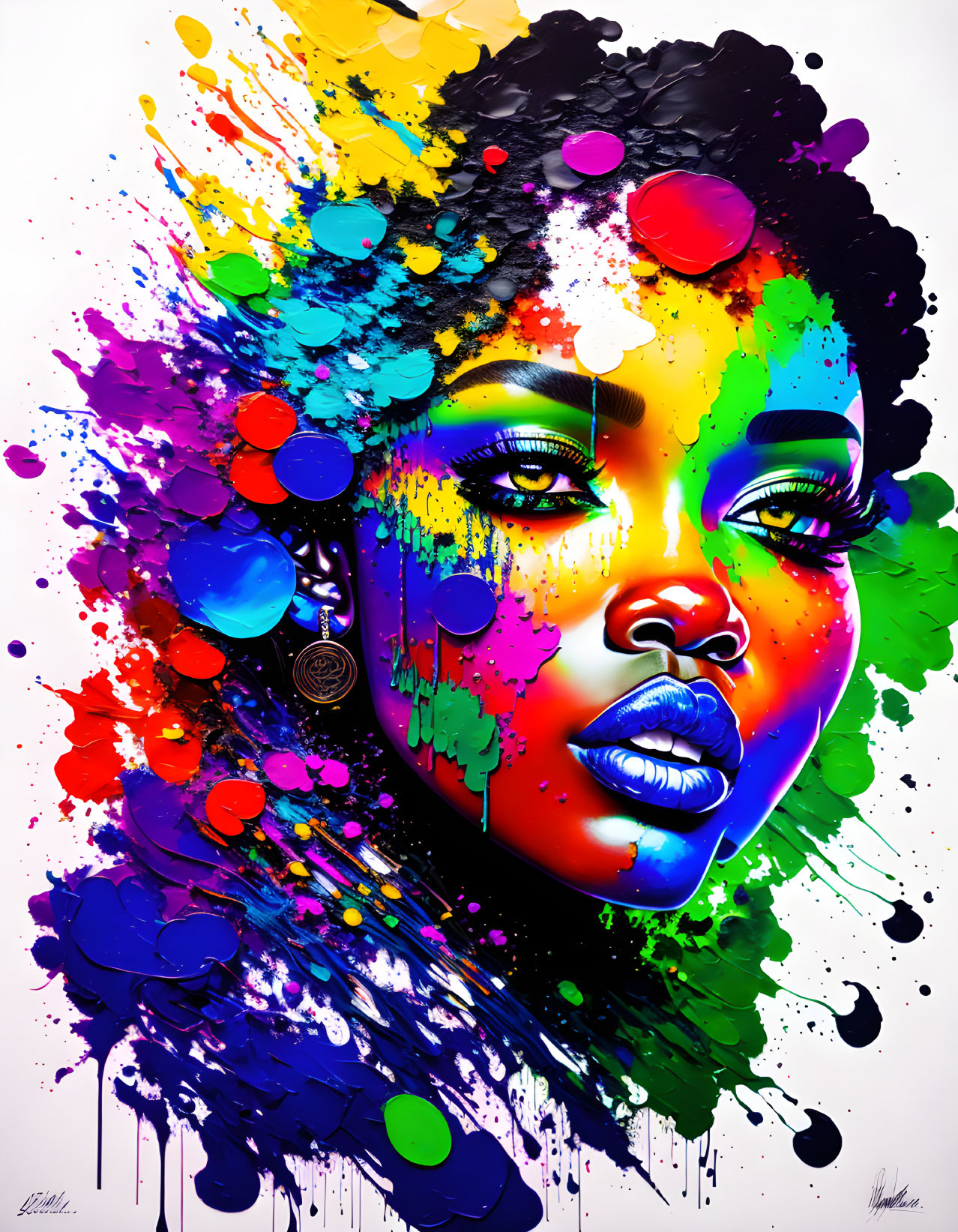 Colorful paint splatters on woman's face and hair illustration