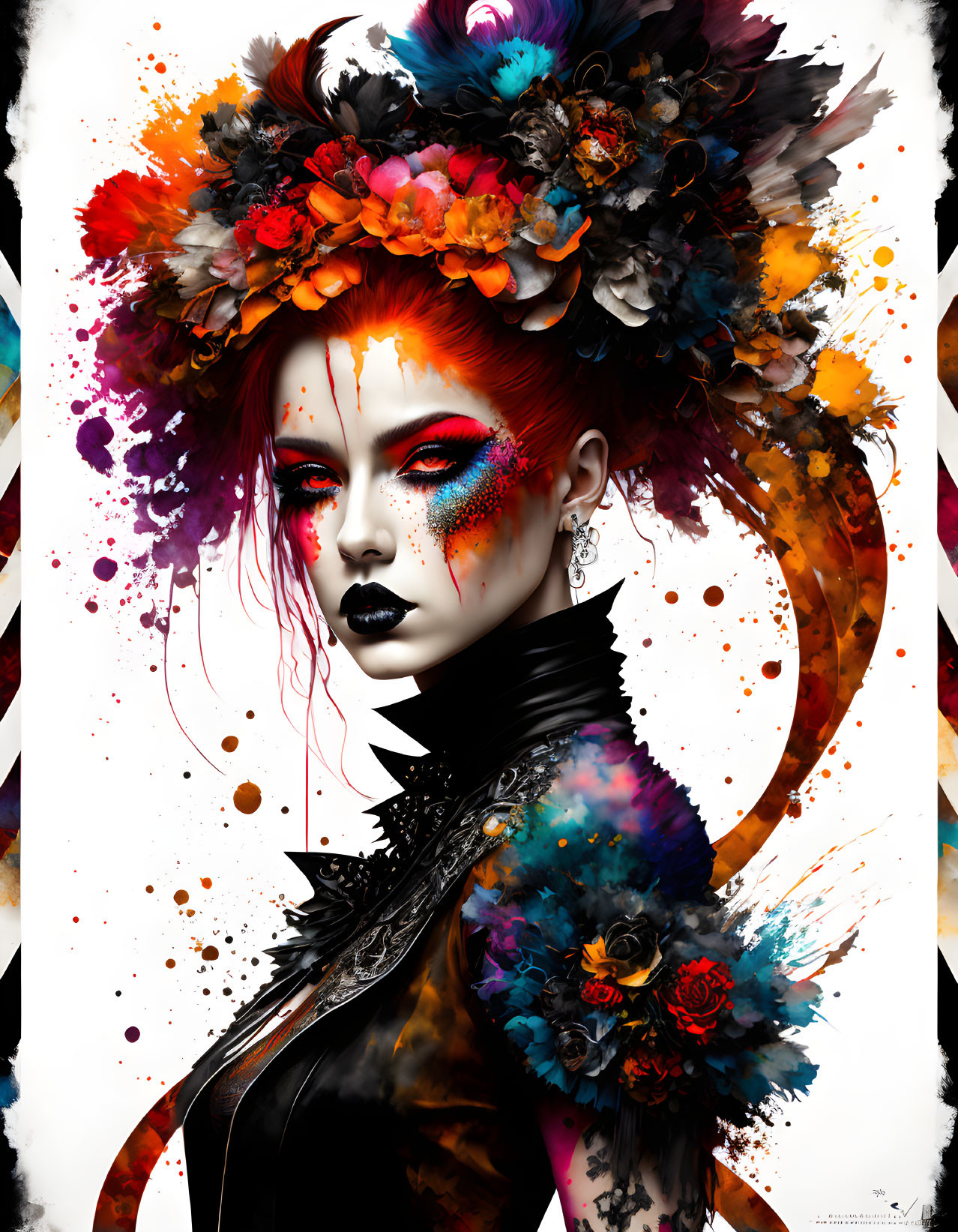 Colorful Artwork: Woman with Striking Makeup and Flamboyant Flower and Feather Headdress