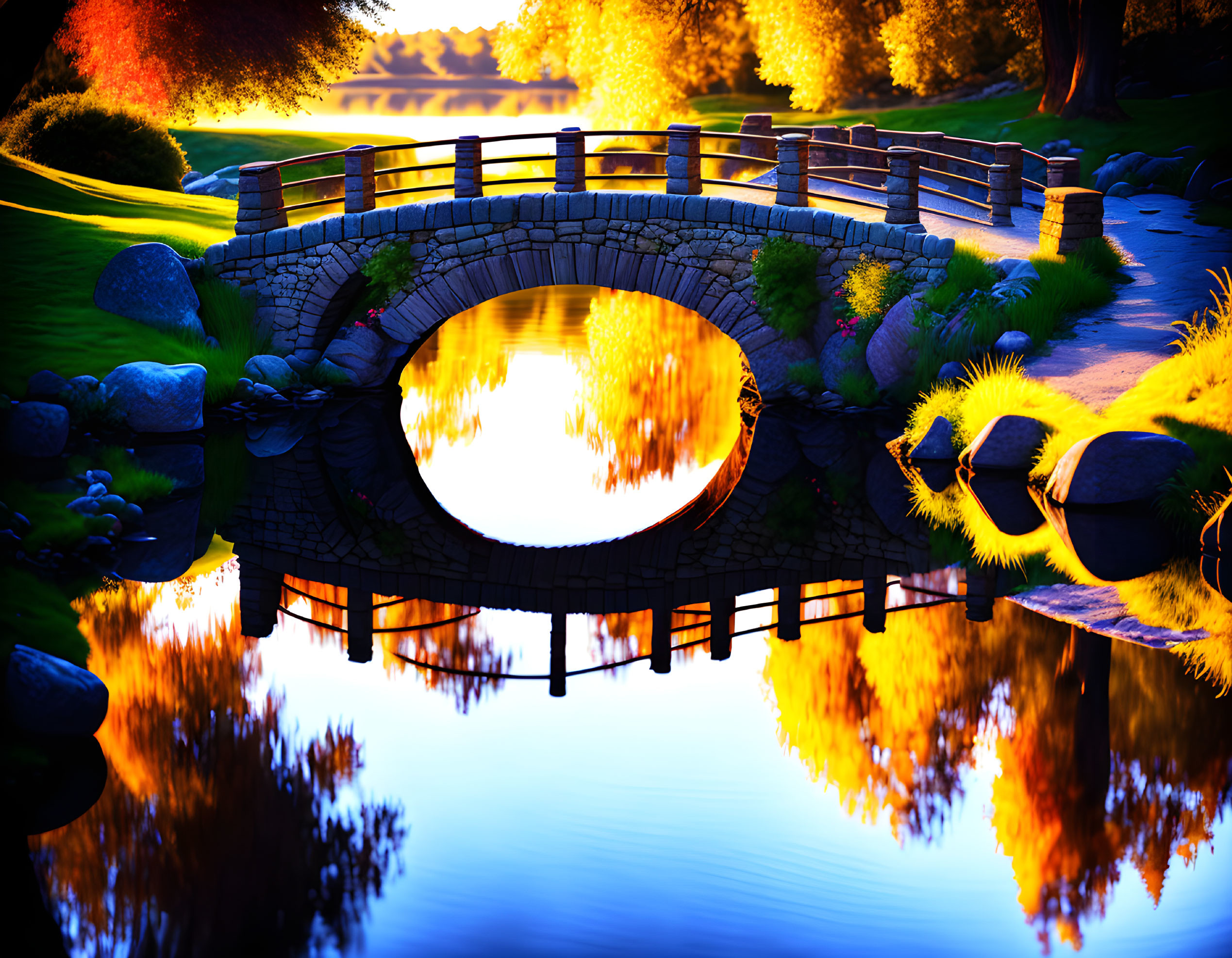 Stone bridge reflected in tranquil water at sunset with lush greenery and autumnal trees.