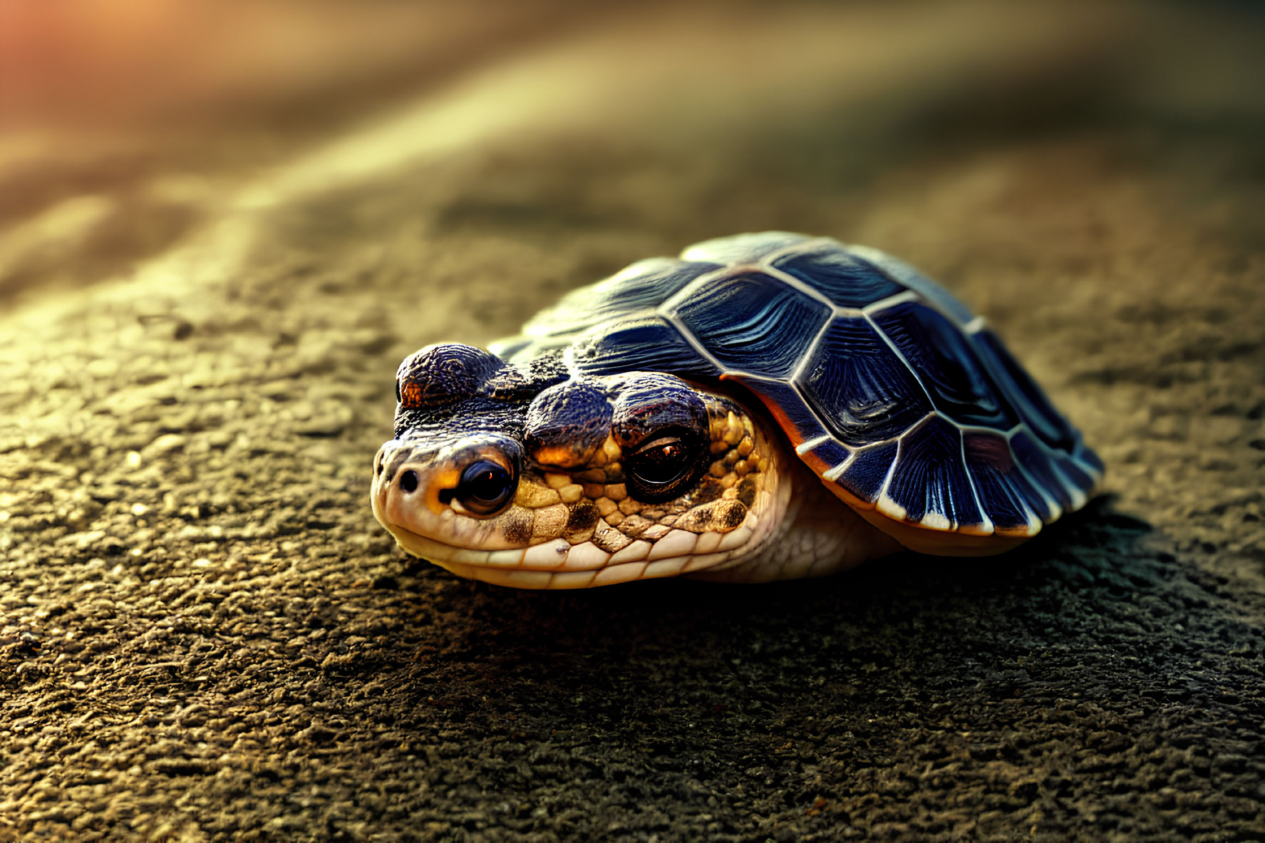 Patterned Shell Turtle Resting on Textured Surface in Warm Sunlight