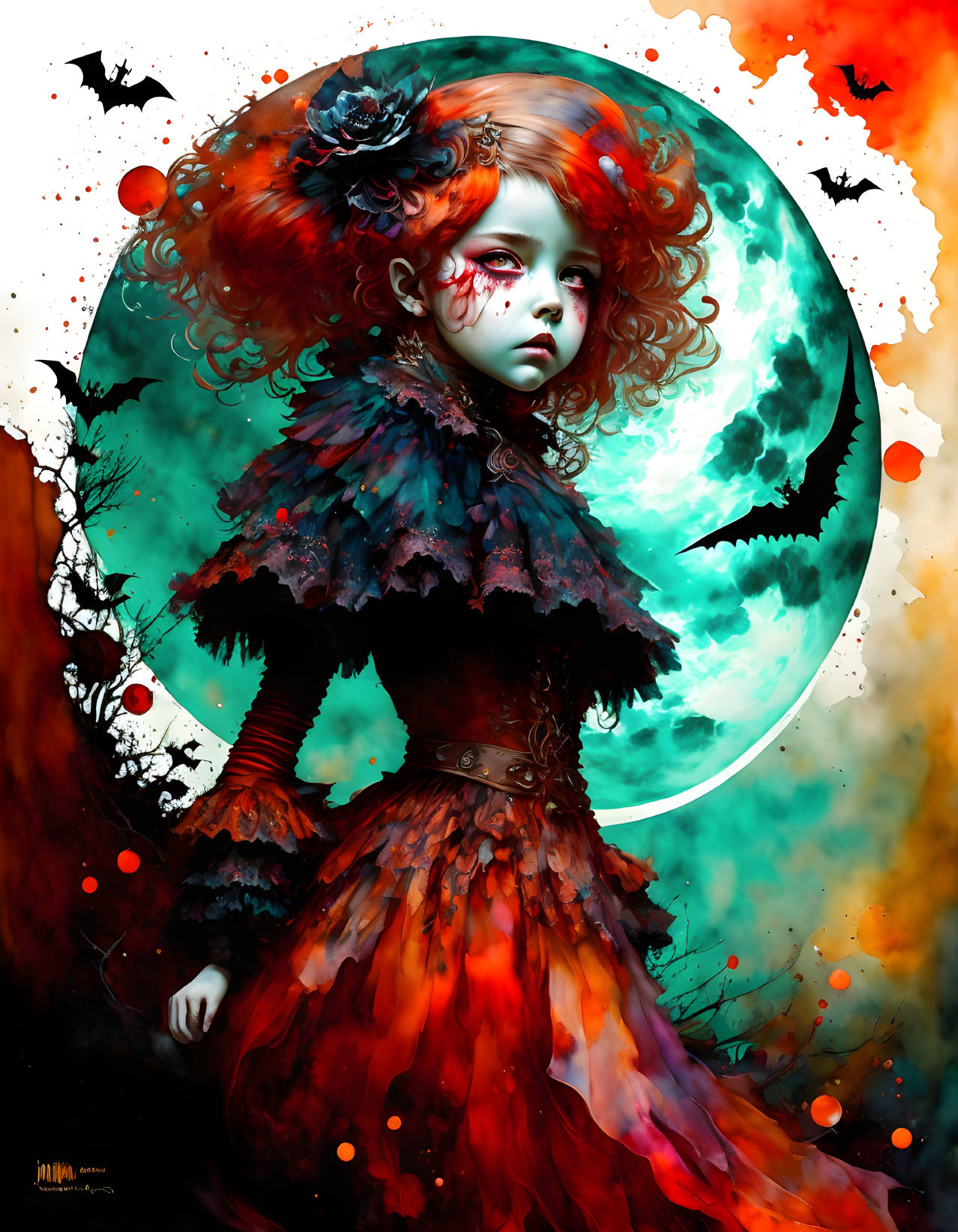 Red-haired girl in gothic attire under full moon with bats and colorful aura