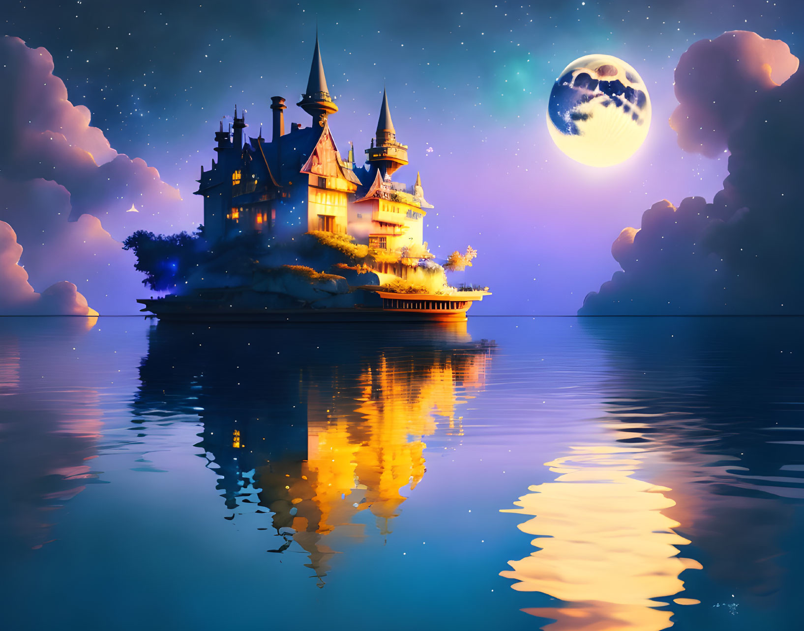 Fantastical castle on floating island under starry sky