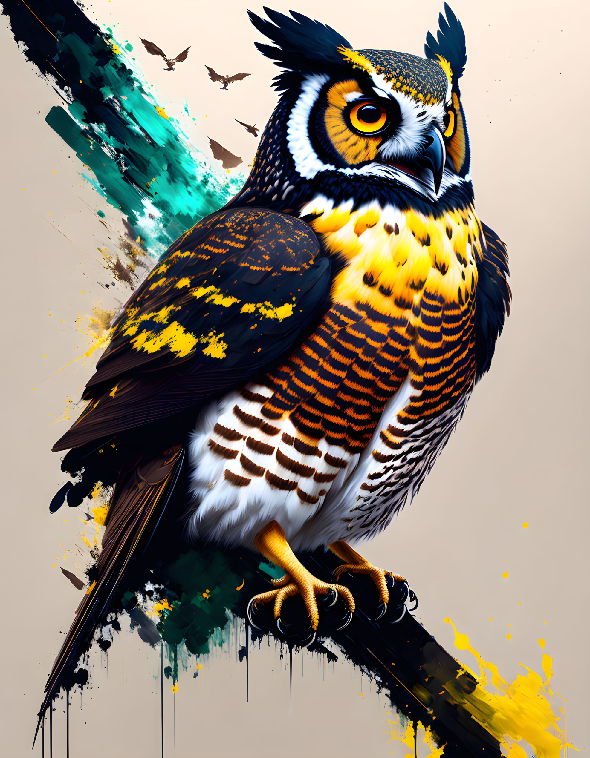 Colorful Owl Perched on Branch Digital Art Display