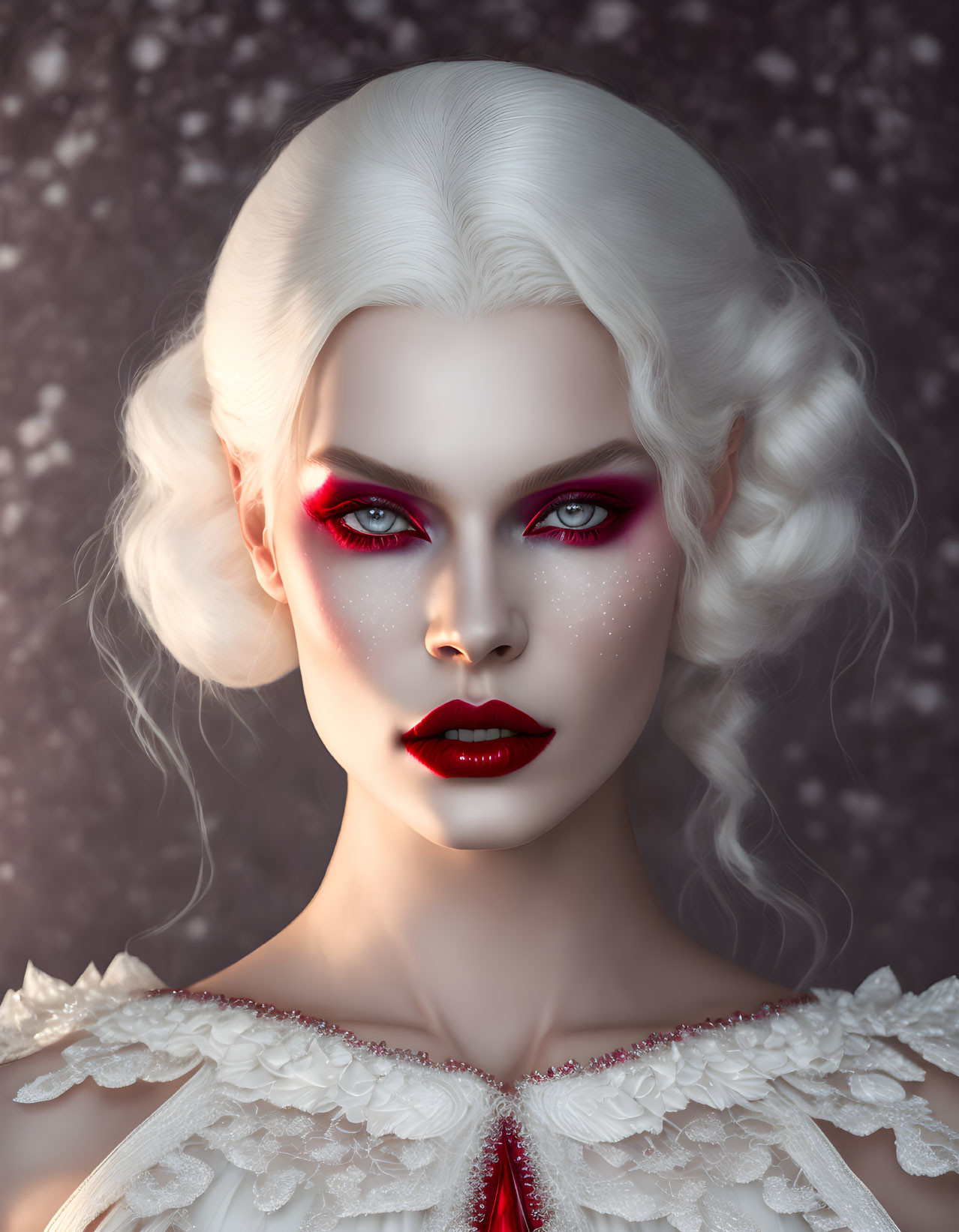 Portrait of person with pale skin, red eye makeup, red lips, white curly hair on dark background