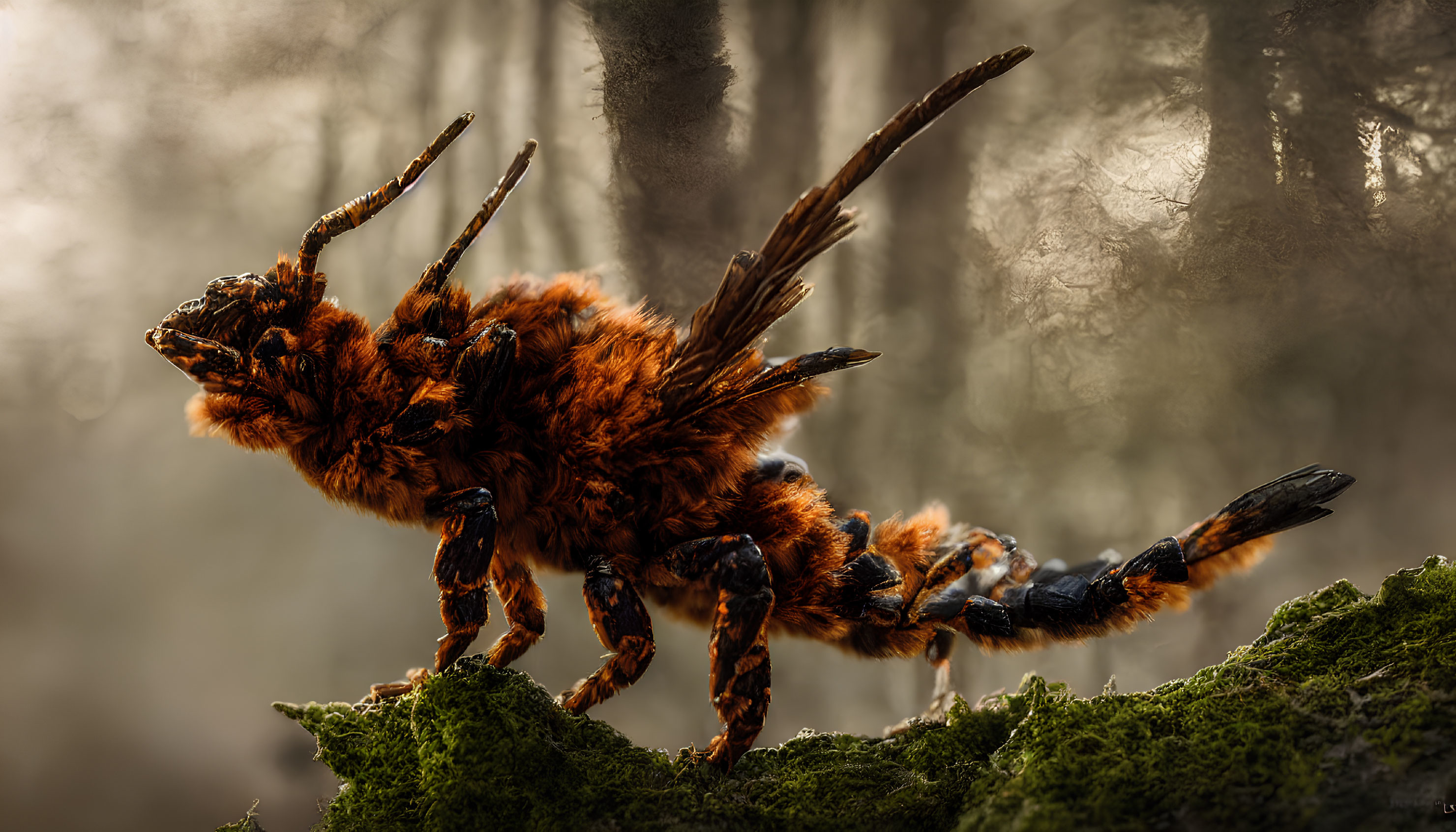 Detailed Close-Up Image of Orange and Brown Fuzzy Bee on Moss in Misty Forest