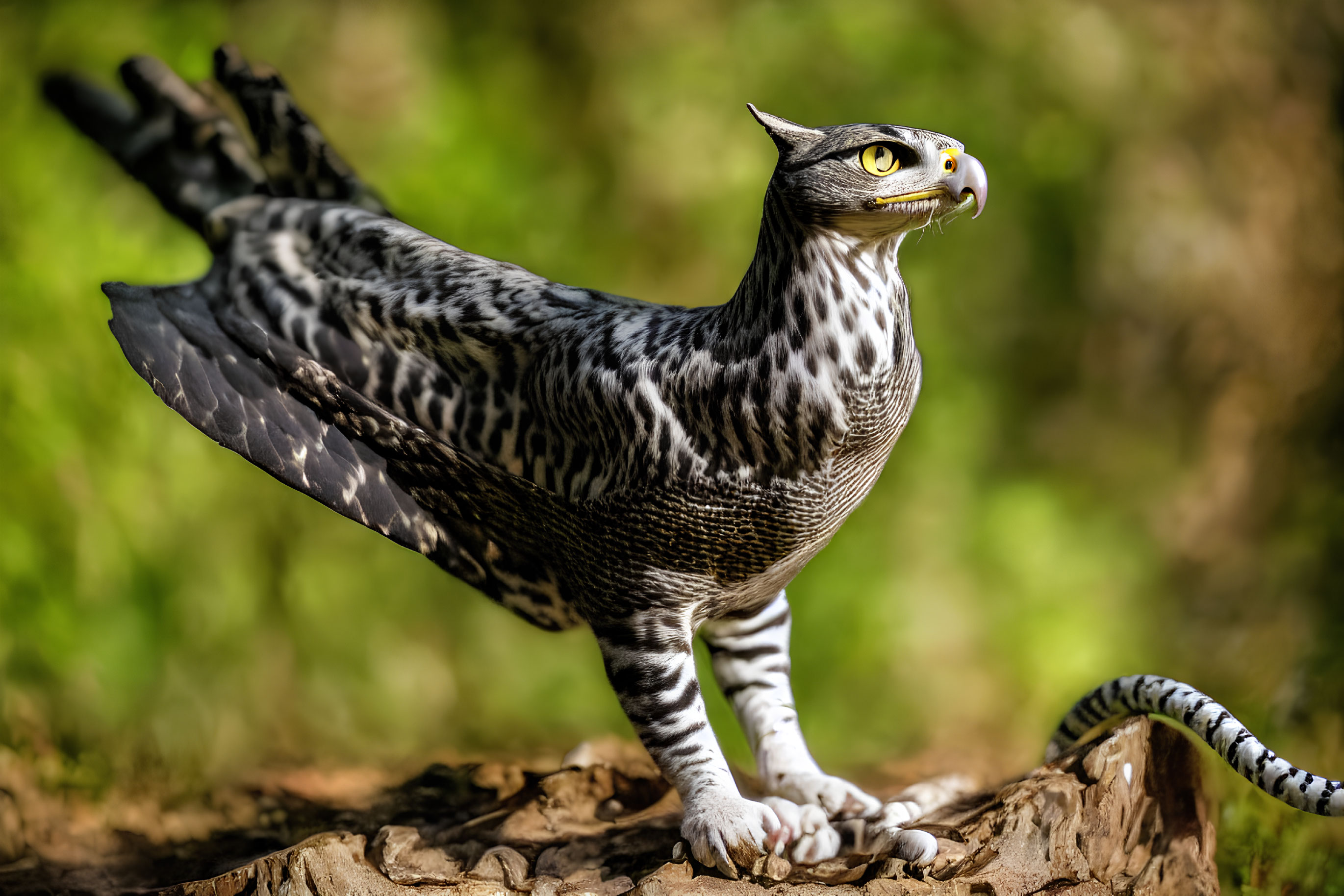 Mythical creature with cat body, bird wings, and talons in forest setting