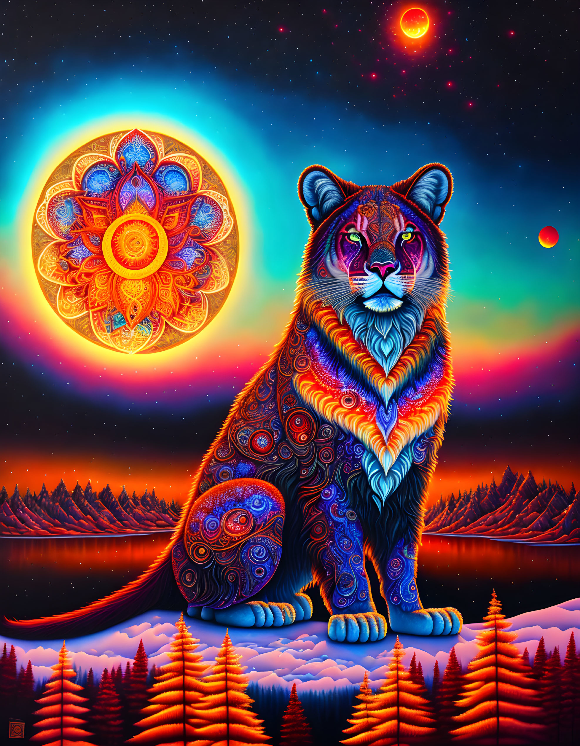 Colorful Psychedelic Lion Against Starry Night Sky and Pine Trees