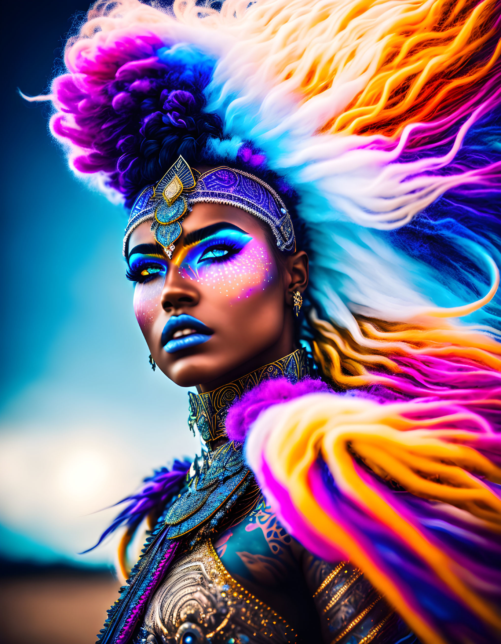 Colorful makeup and feathered headdress portrait against blue sky