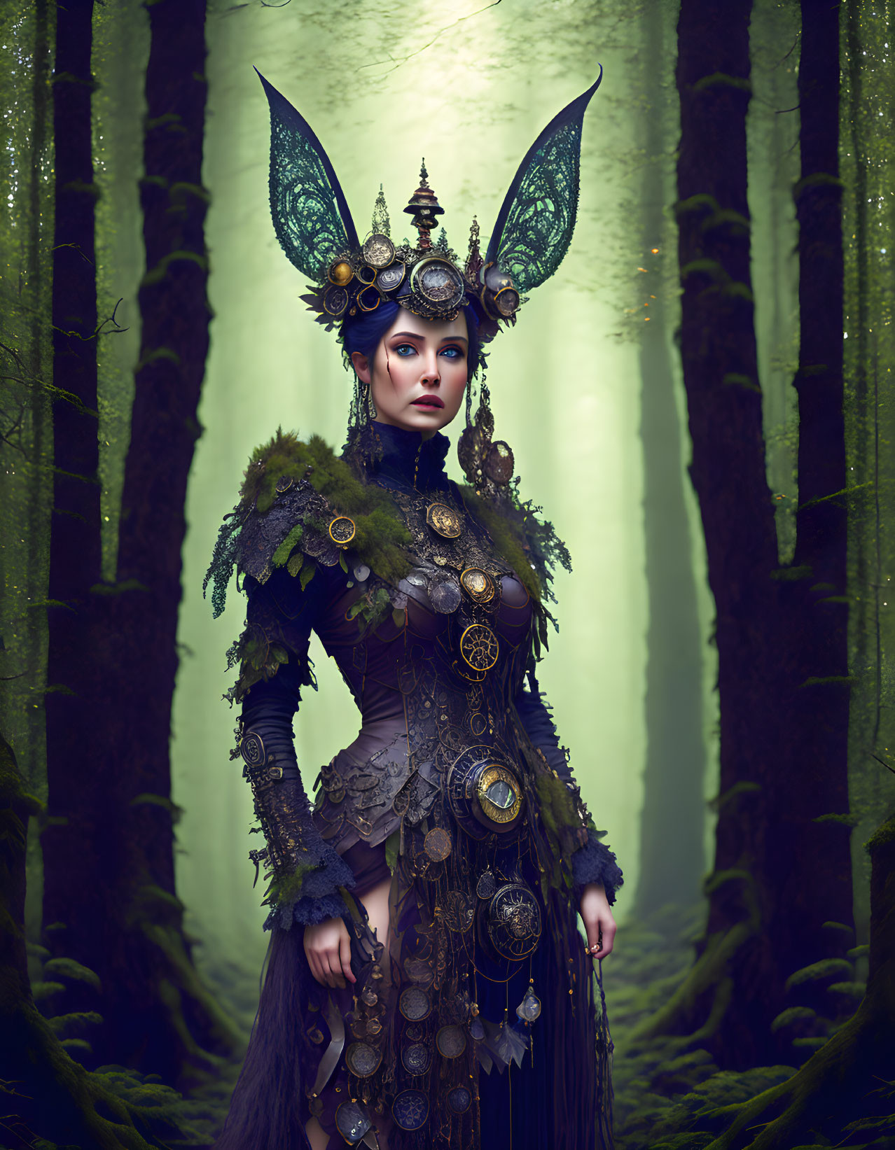 Majestic woman in dark fantasy armor with fairy wings in enchanted forest