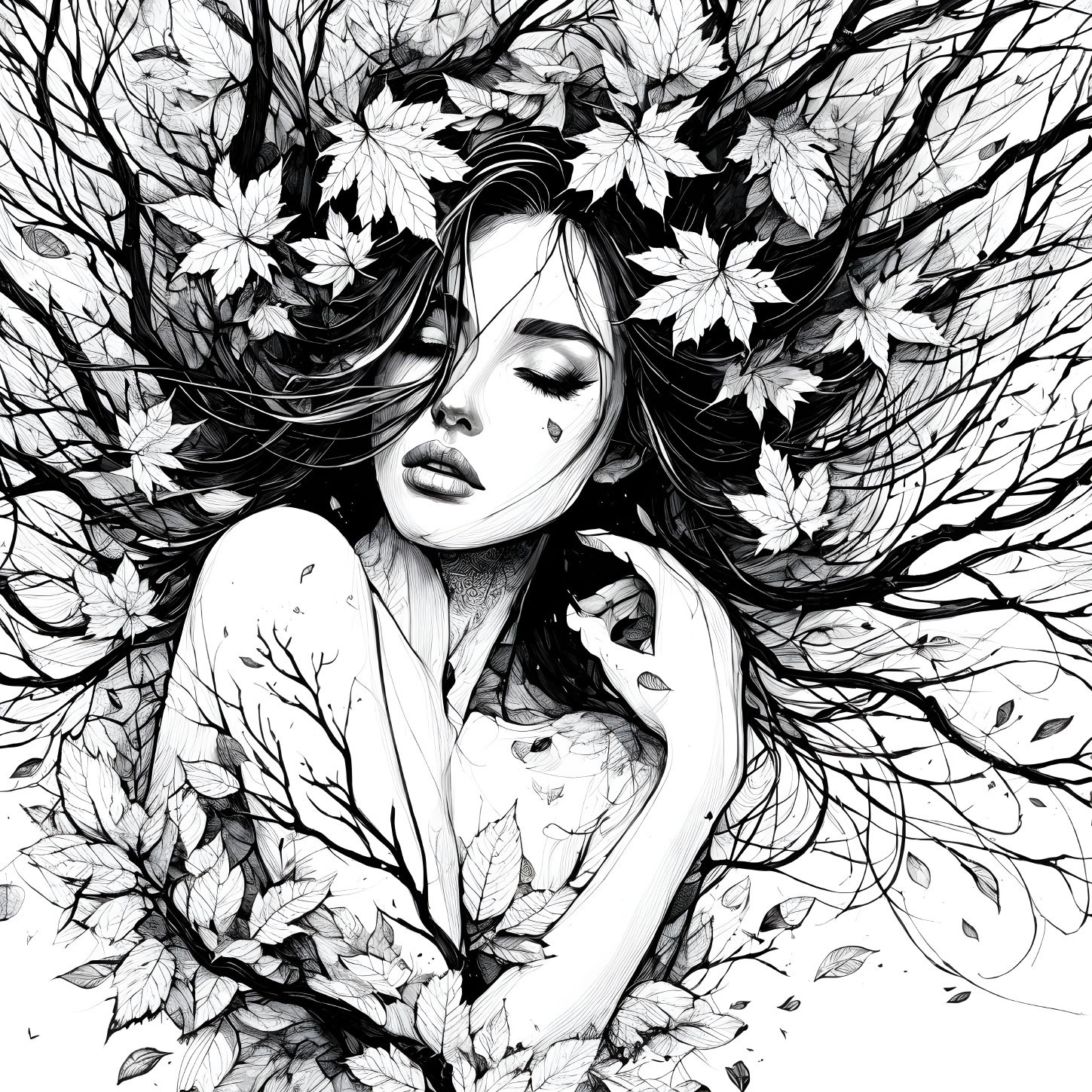 Monochrome art: Woman blending with leafy tree branches