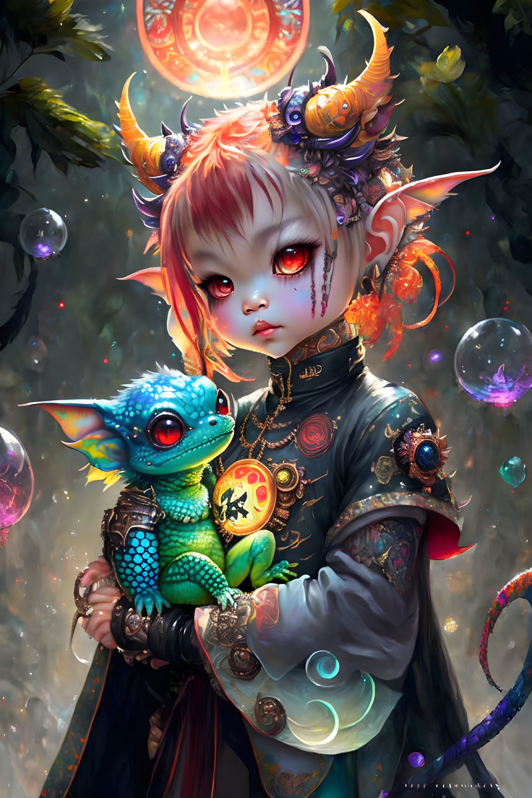 Fantasy illustration of child with elf ears and horned headdress holding colorful creature in ethereal setting