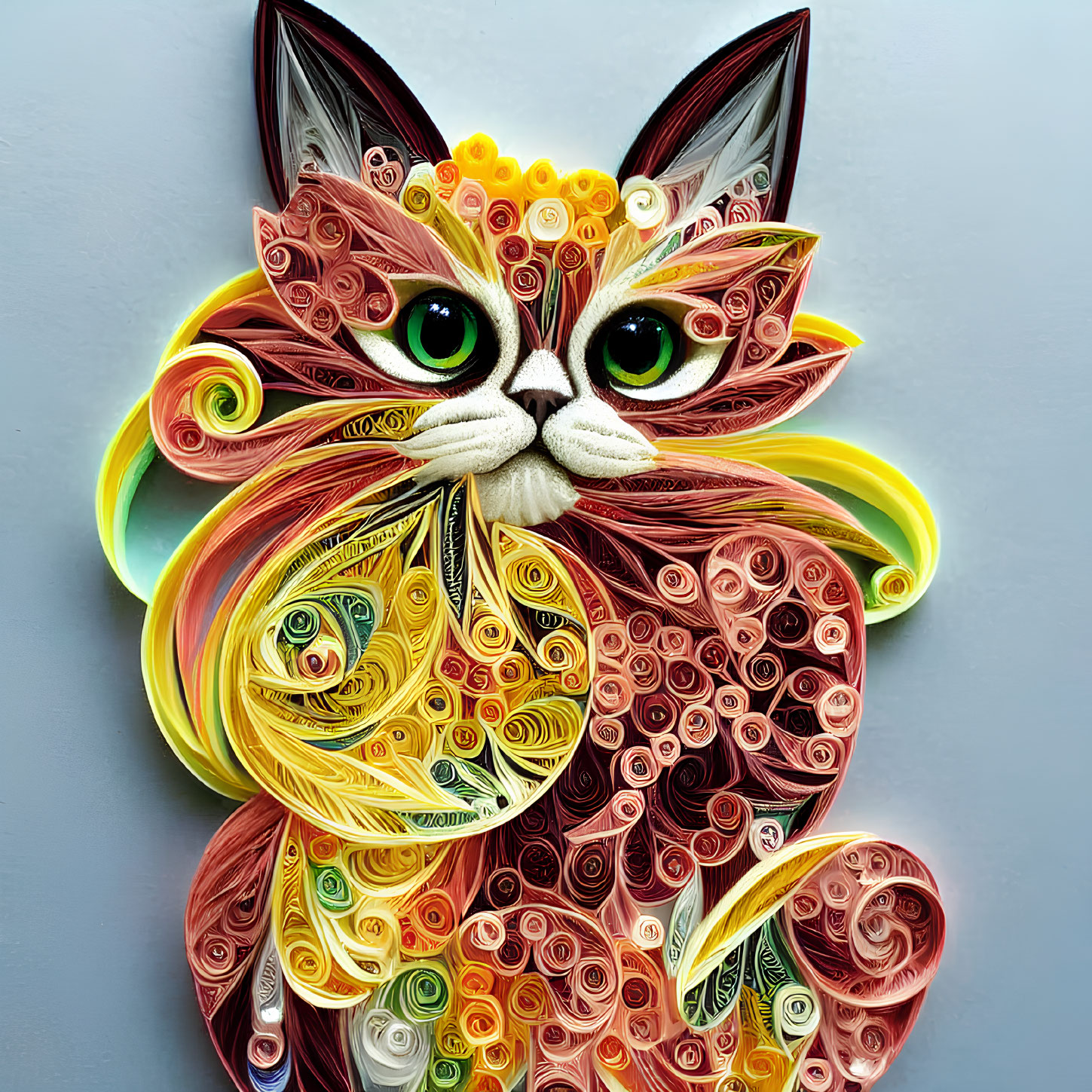 Multicolored 3D paper quilling art of a cat with intricate designs