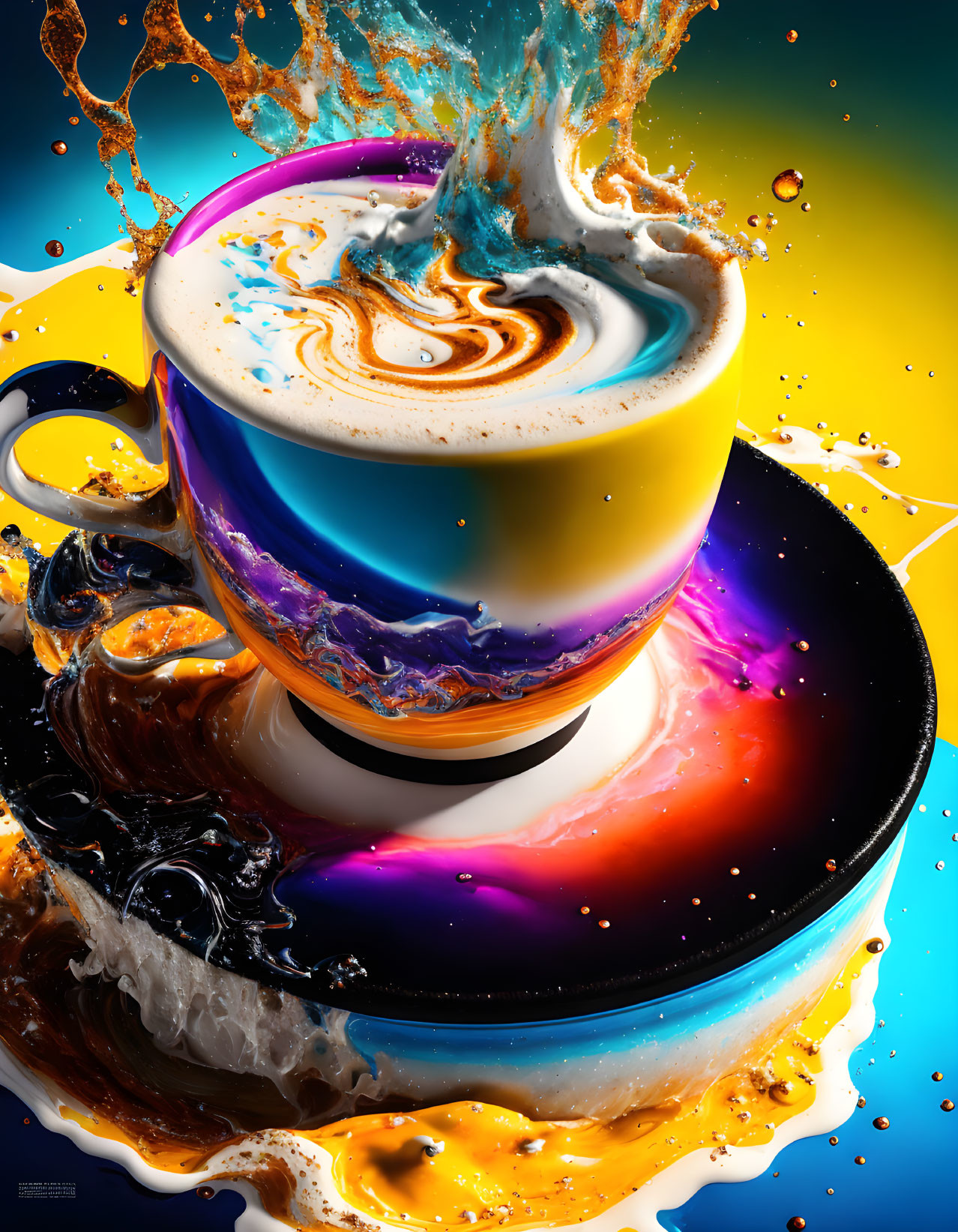 Colorful digital art of cosmic coffee cup on blue background