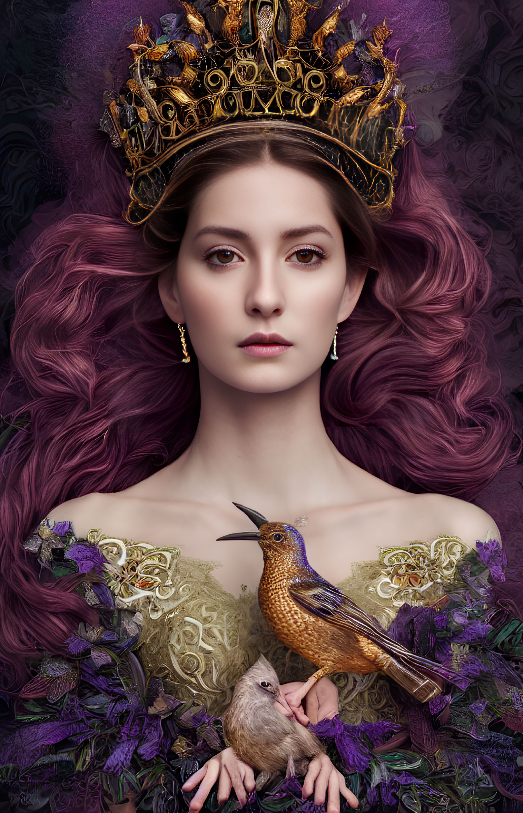 Regal woman with golden crown and purple hair surrounded by birds on floral background