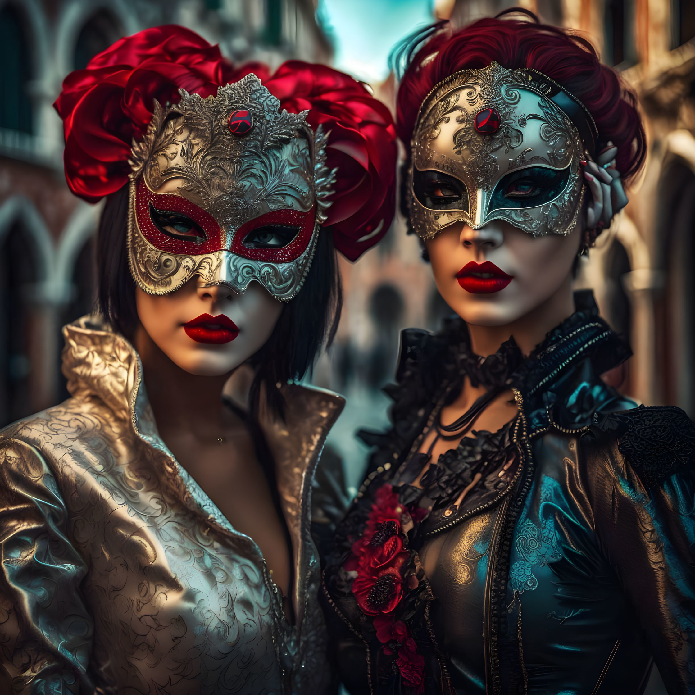 Elaborate Venetian masks and costumes in vibrant colors against architectural backdrop