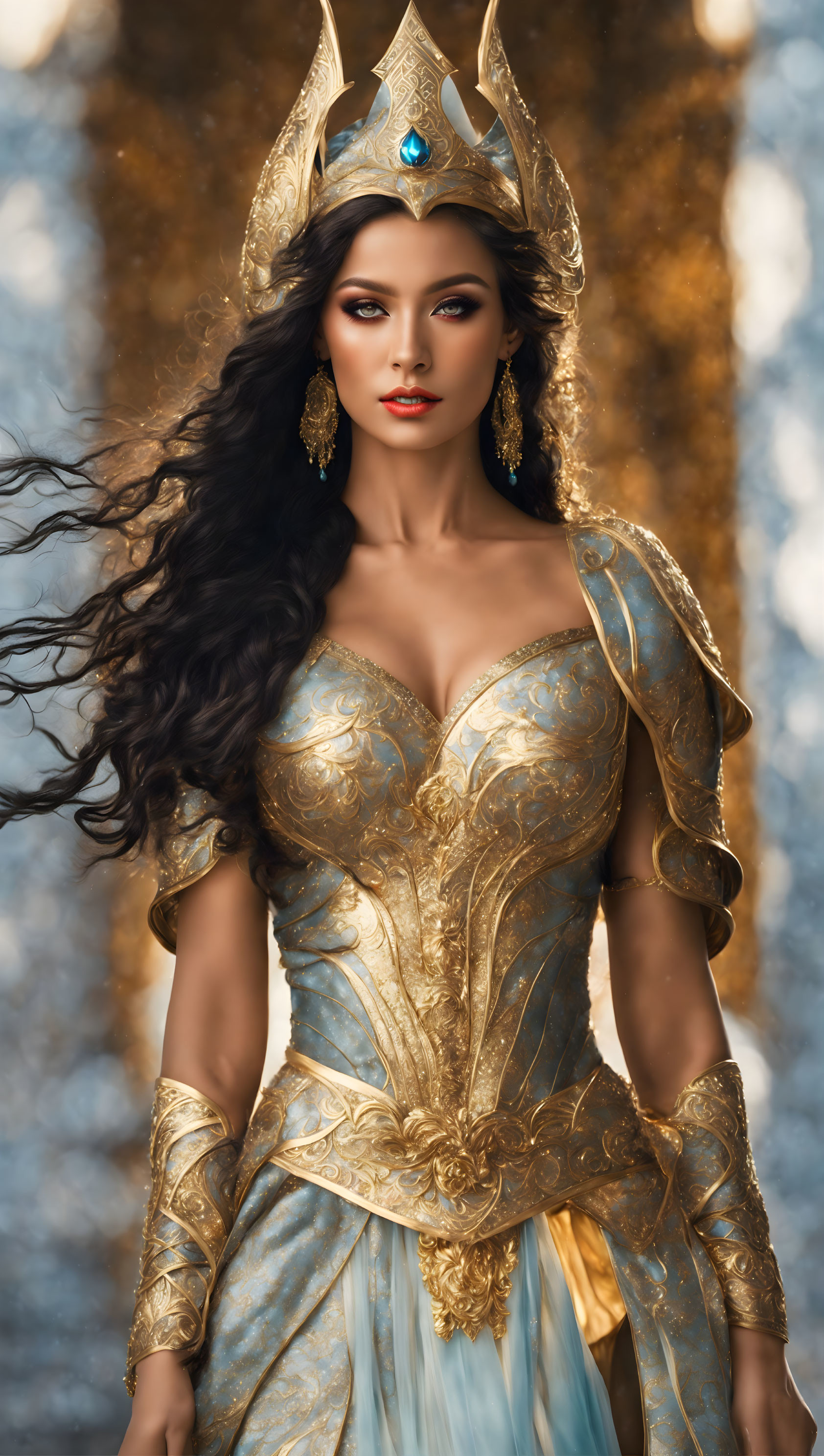 Regal woman in golden armor with crest helm and dark hair against shimmering backdrop