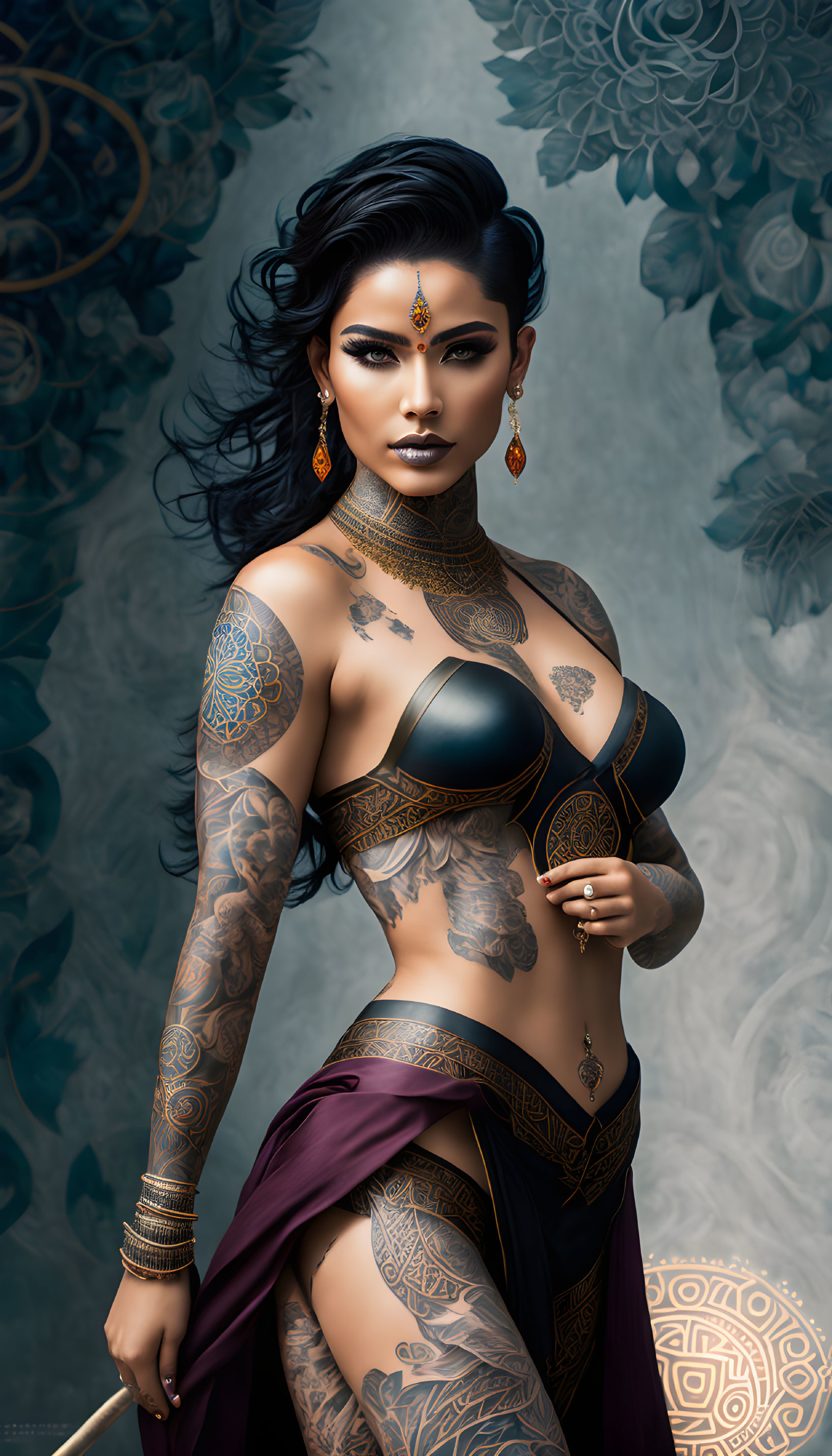 Illustrated woman with dark hair, tattoos, and traditional jewelry on patterned backdrop