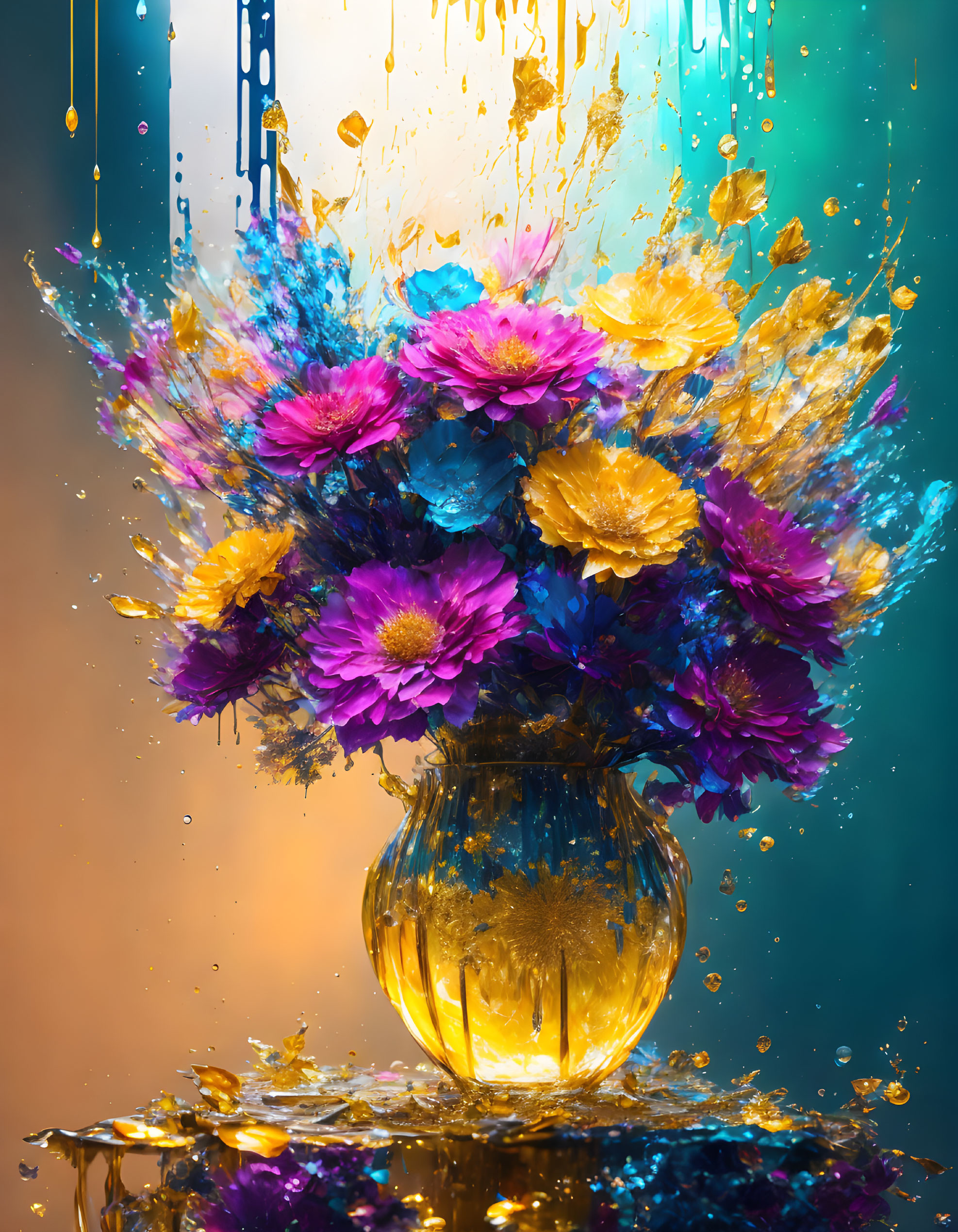 Colorful Purple and Yellow Flower Bouquet in Glass Vase with Paint Splashes