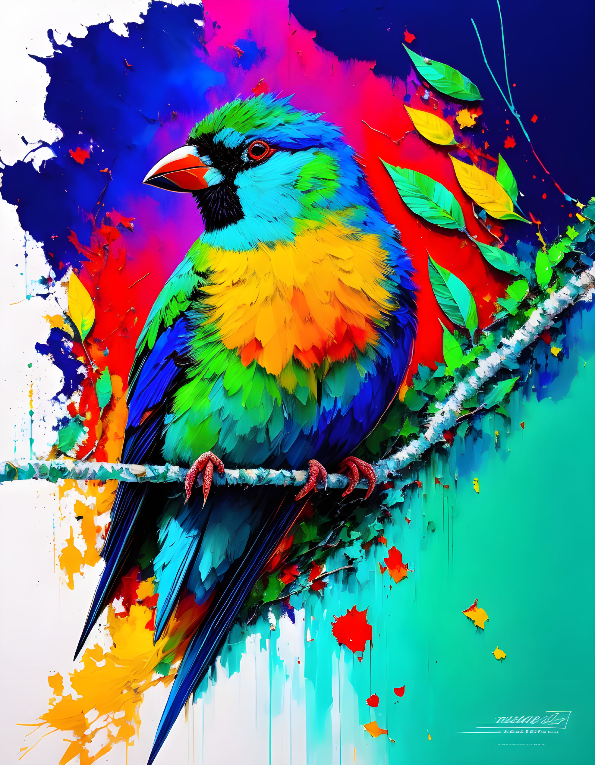 Colorful Bird Artwork with Blue, Green, and Yellow Feathers on Branch