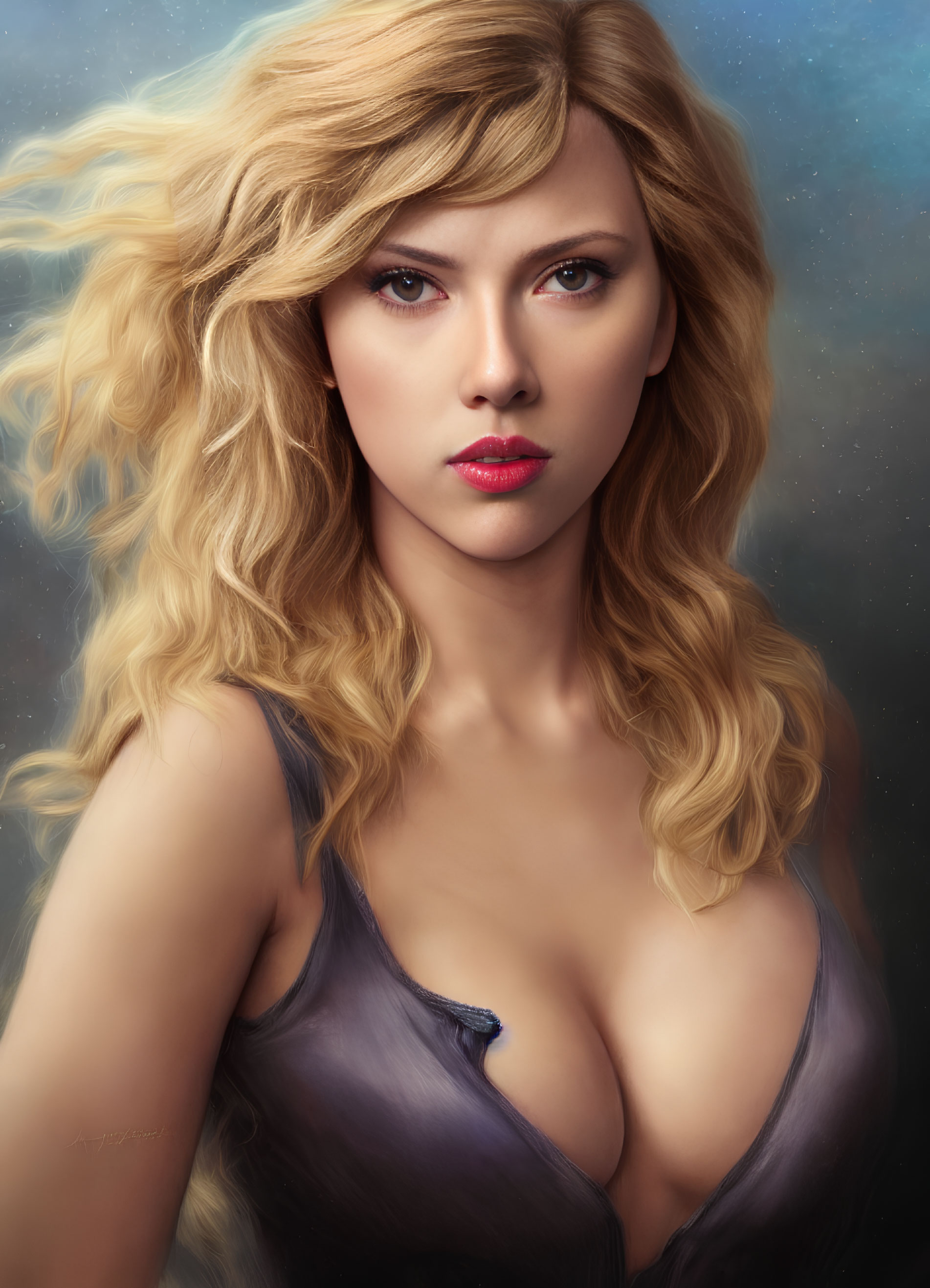 Blonde woman with intense gaze in low-cut top against cosmos backdrop