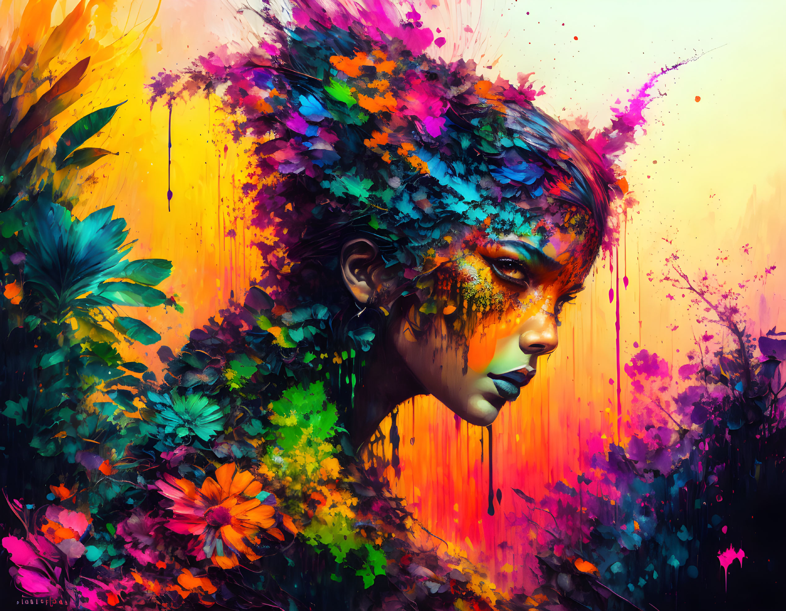 Colorful digital painting of woman with floral explosion & splatters.