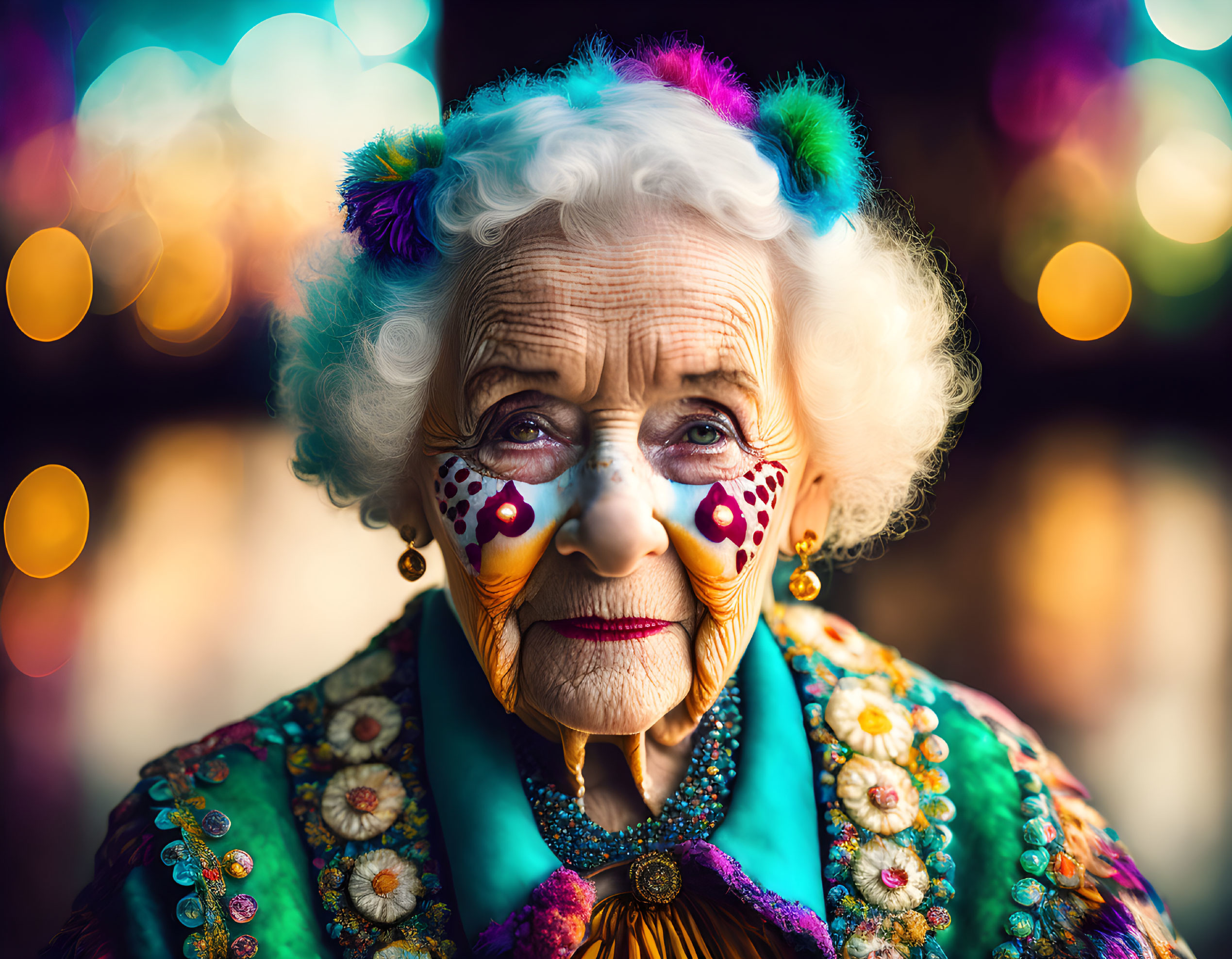 Elderly Woman with Face Paint and Colorful Hair Accessories