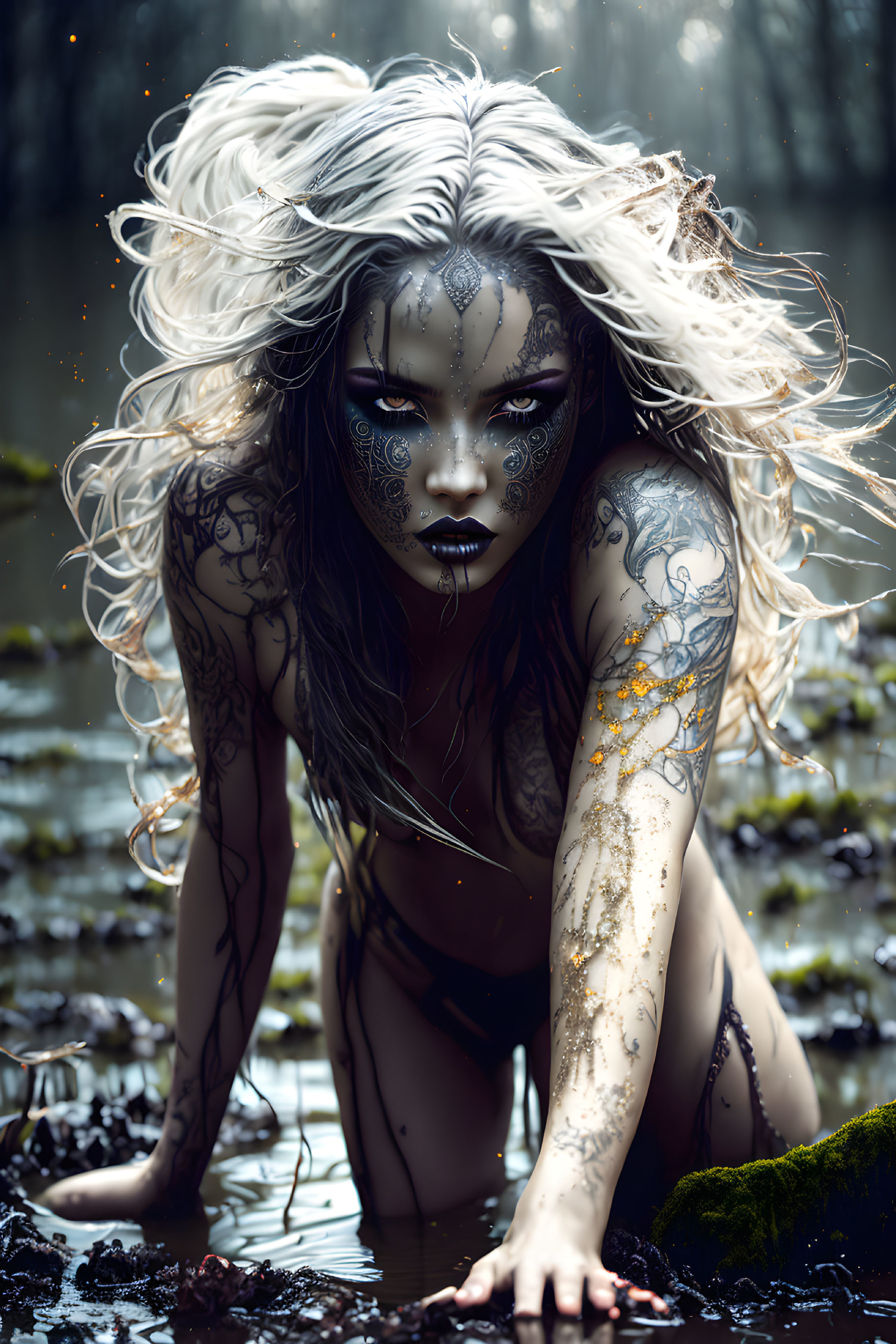 Fantastical creature with white hair and dark body markings by waterside