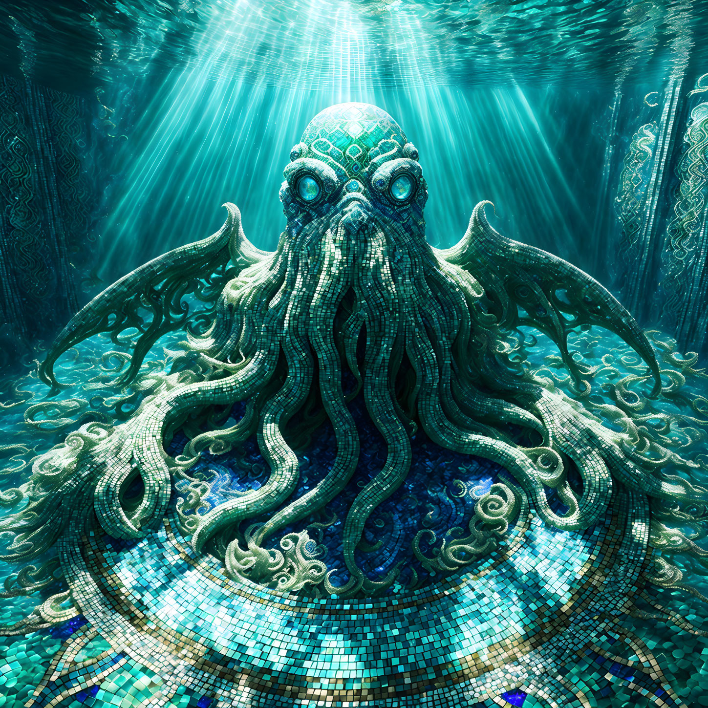 Detailed digital artwork: Giant octopus in ornate underwater scene