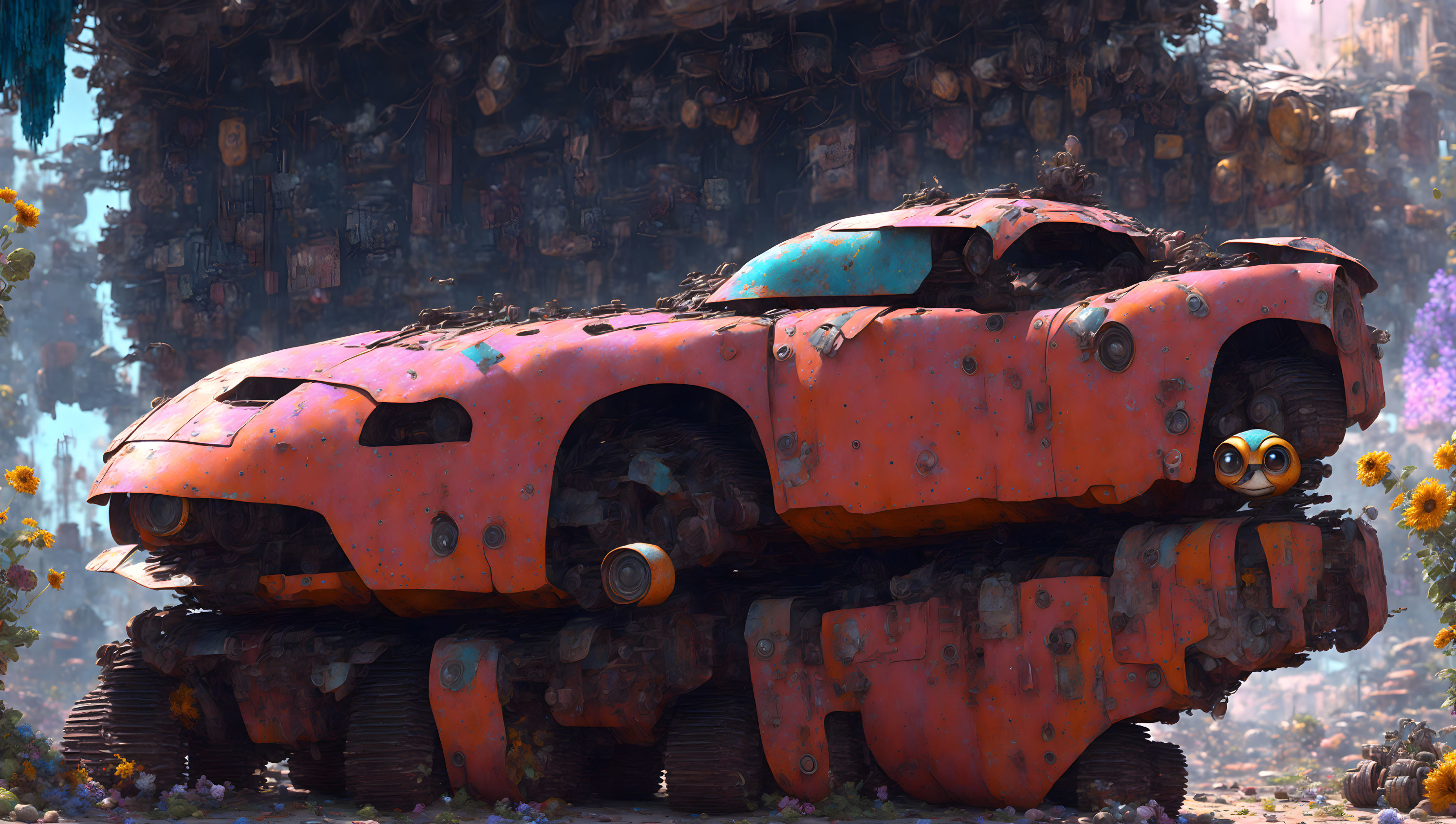 Rusted orange car on scrap pile with hidden robot in junkyard.