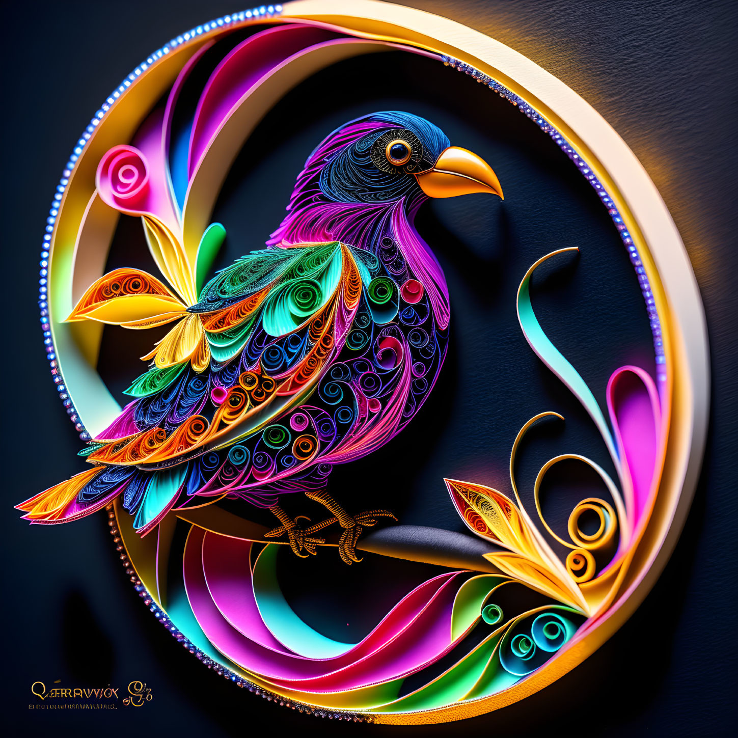 Colorful 3D bird art with intricate swirls and gold frame