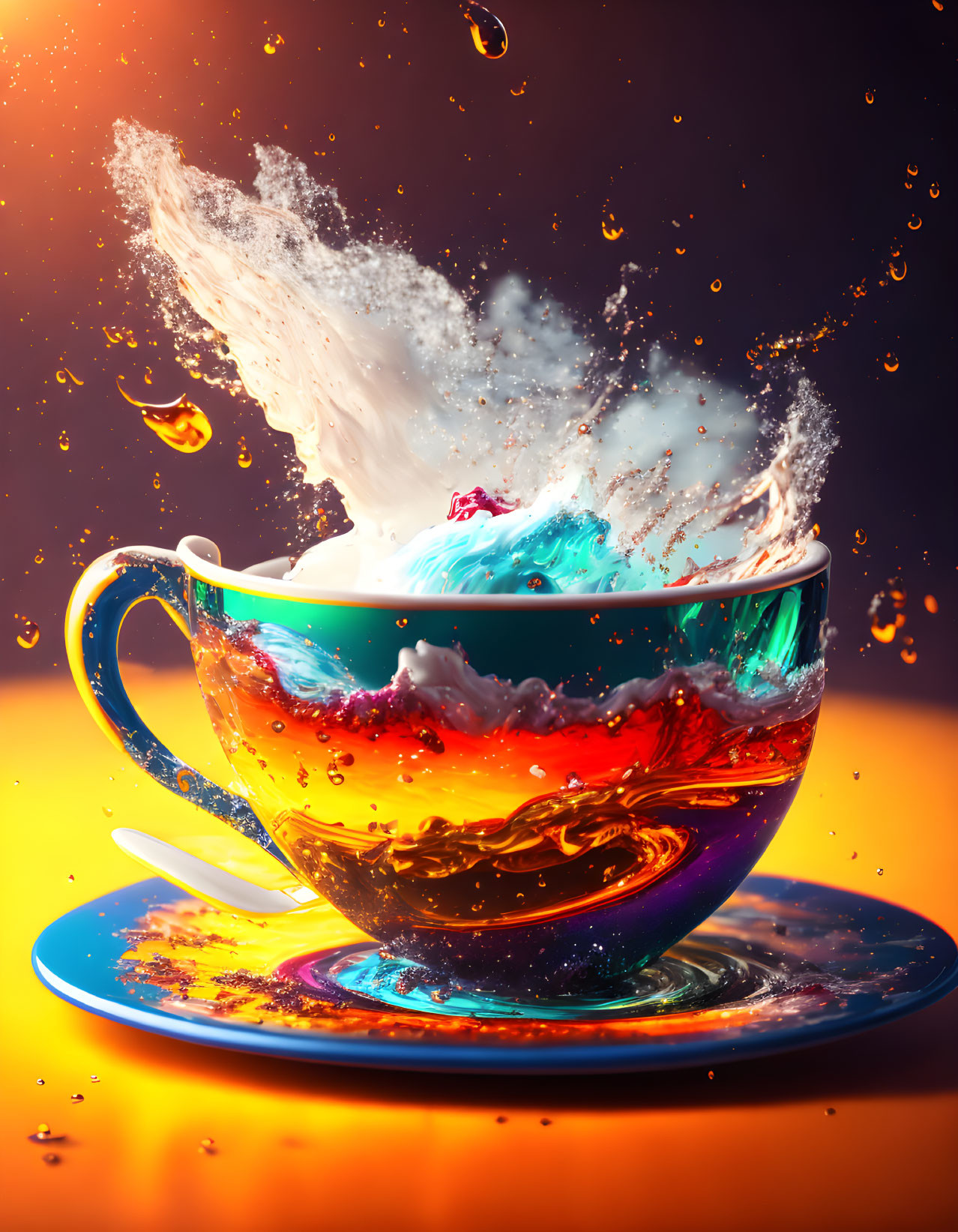 Colorful cup and saucer with liquid splash on warm background.