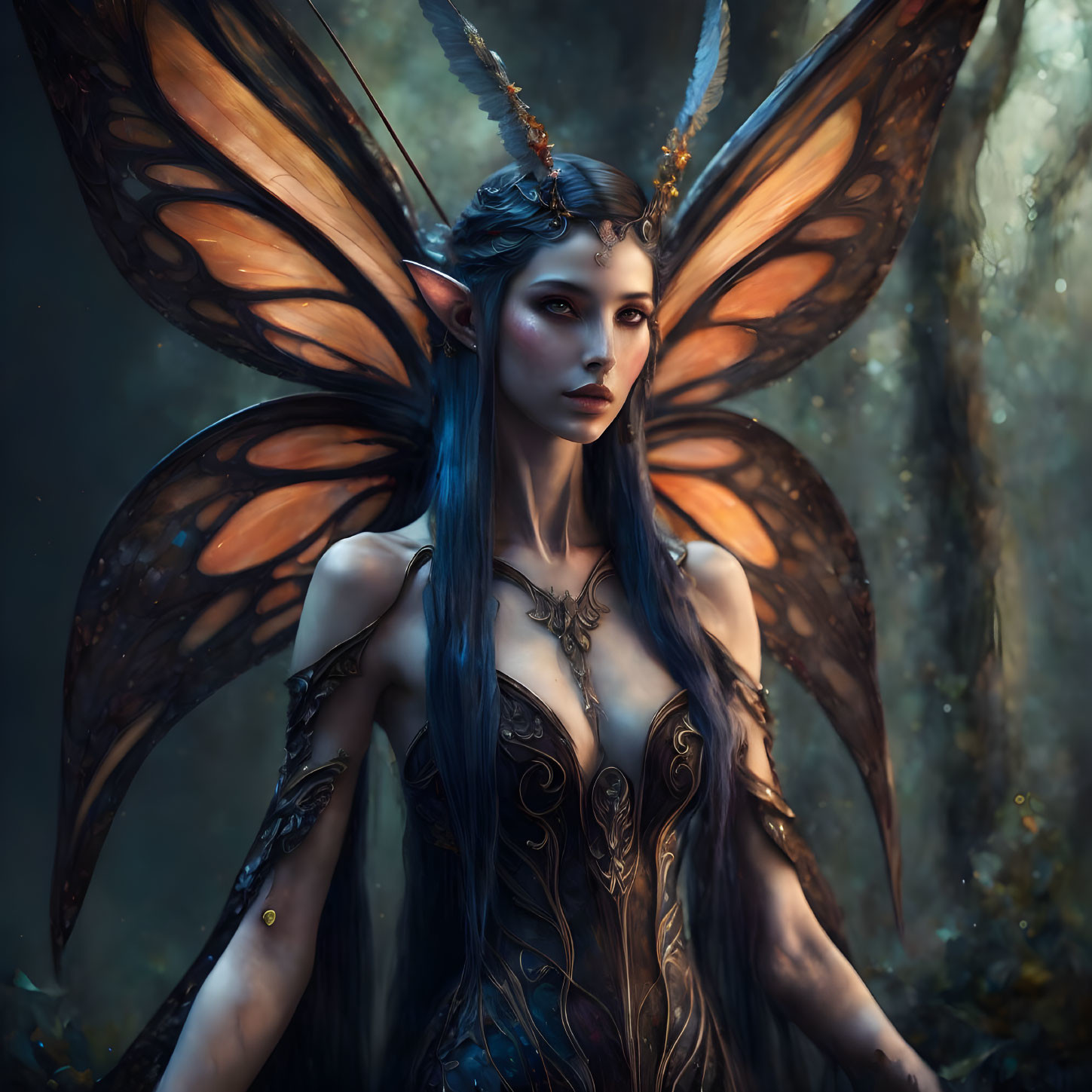 Female fairy with butterfly wings in enchanted forest setting