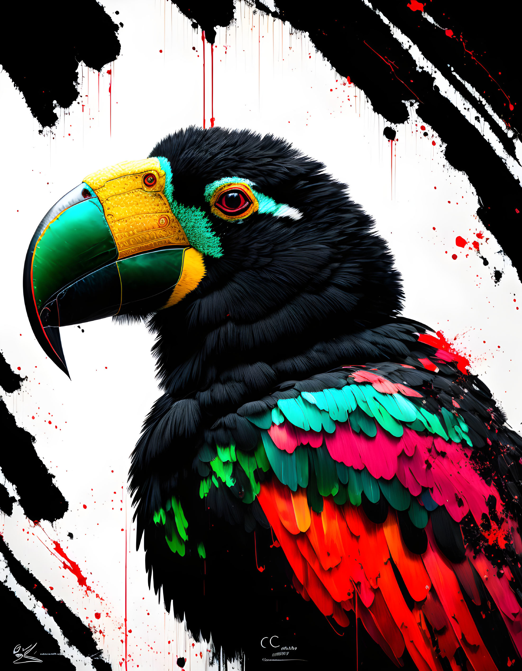 Colorful Toucan Art: Rainbow Plumage on White Background with Ink Splatter