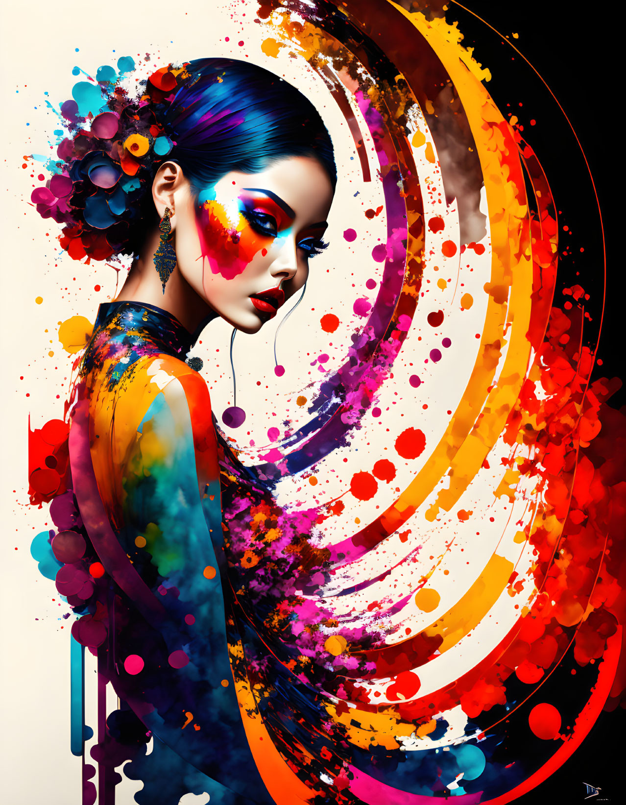 Colorful makeup and abstract paint swirls in dynamic digital art