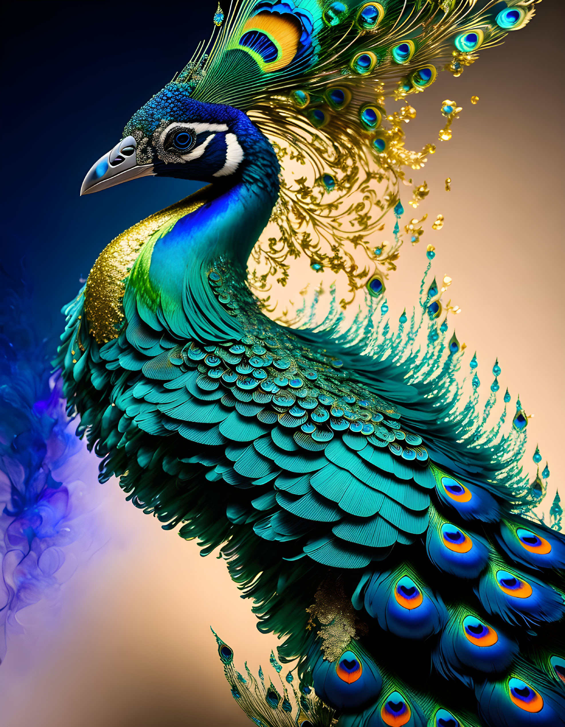 Colorful Peacock Tail Feathers on Gradient Background