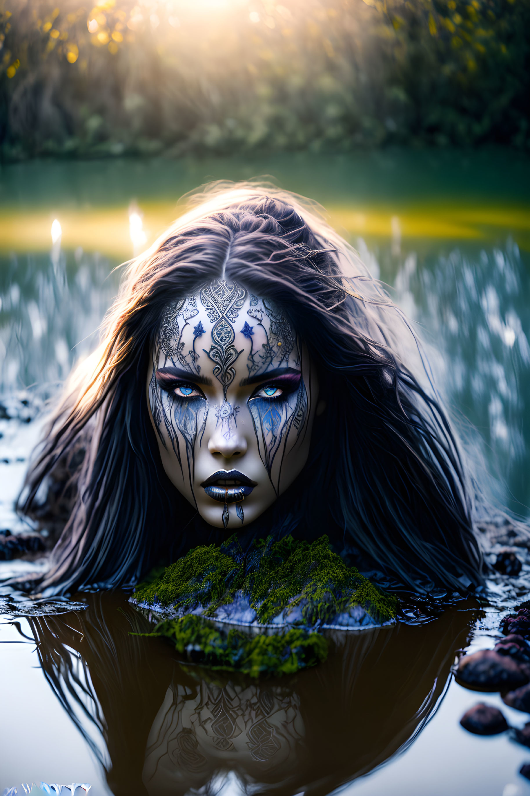 Person with intricate face paint emerges from water with piercing eyes and reflection, surrounded by foliage