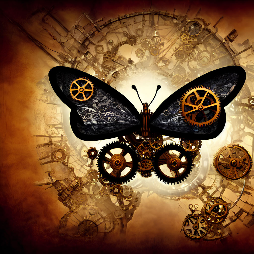 Steampunk-themed mechanical butterfly on clockwork backdrop