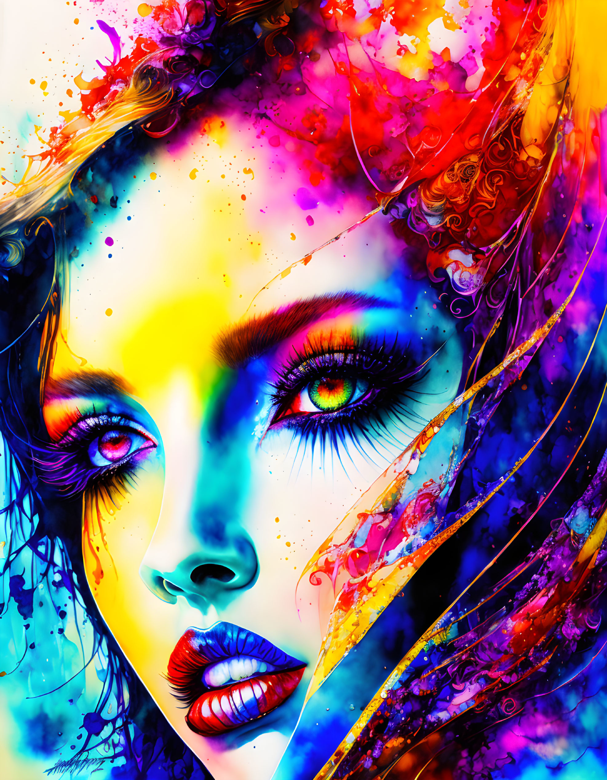 Colorful digital artwork of woman's face with striking eyes and abstract neon paint splashes.