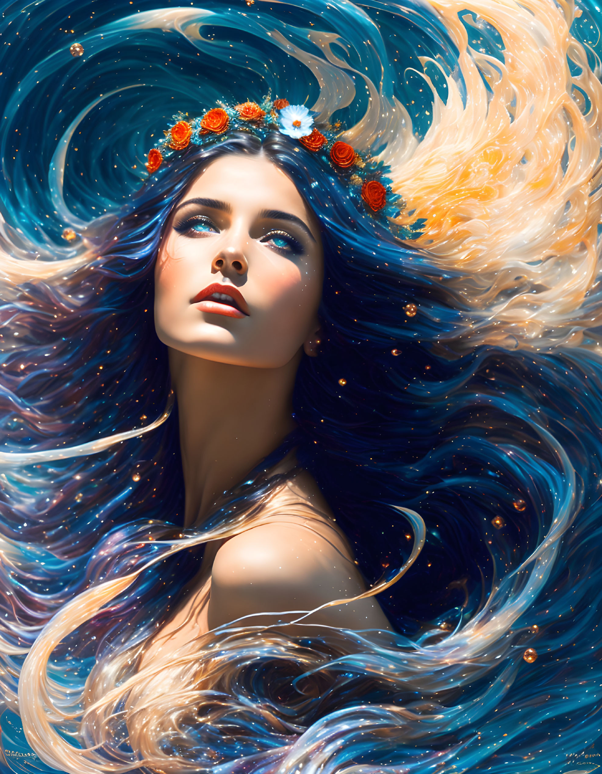 Woman with Blue Hair and Red Flower Wreath in Whirling Hues