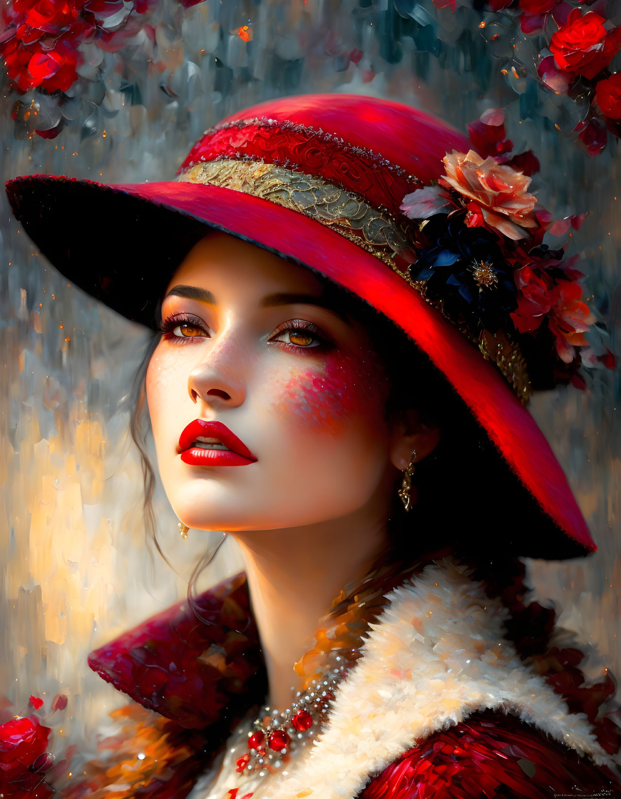 Vibrant red hat and elegant fur-trimmed outfit on woman portrait